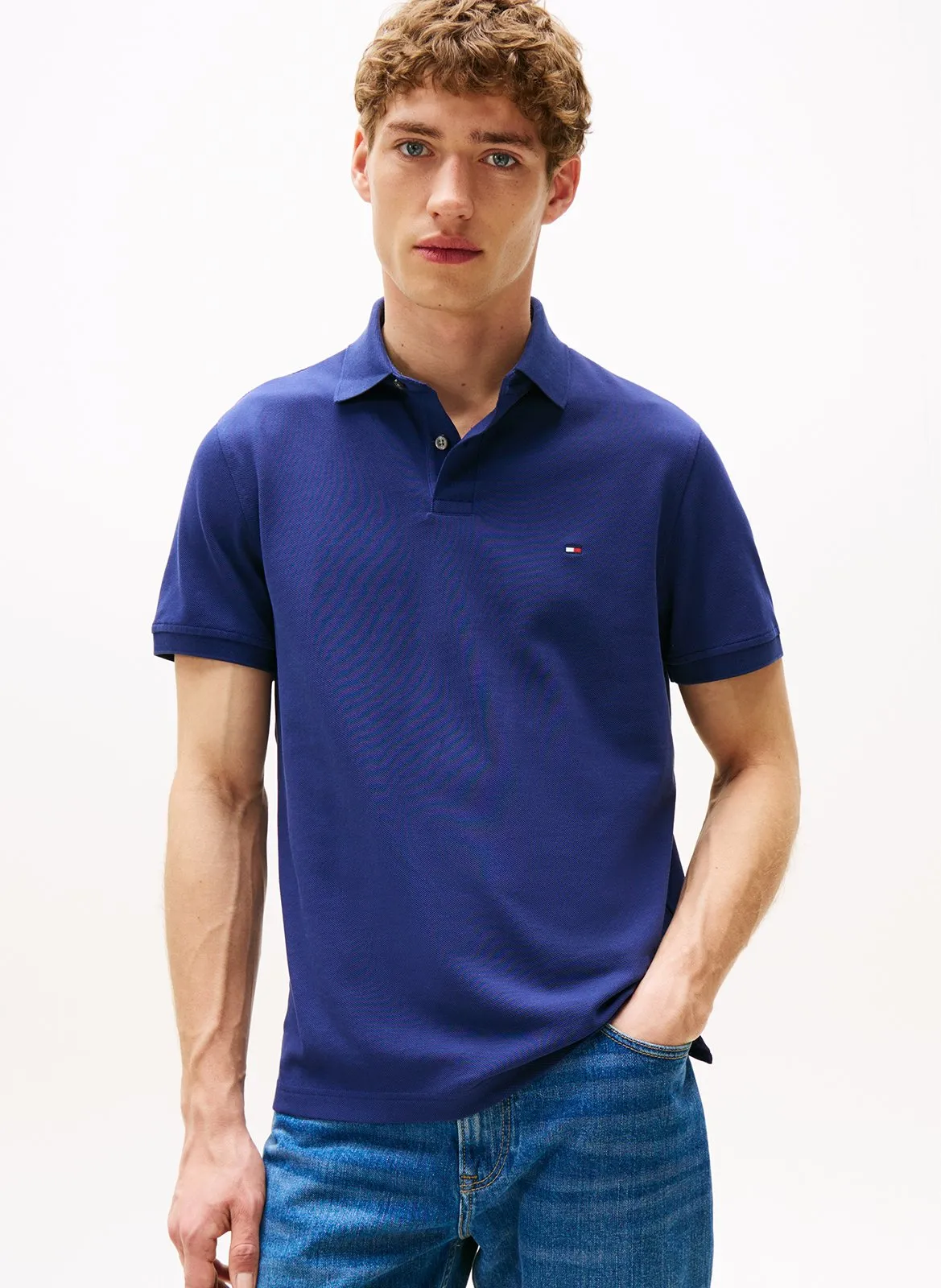 Polo regular-fit en coton biologique mélangé Bleu