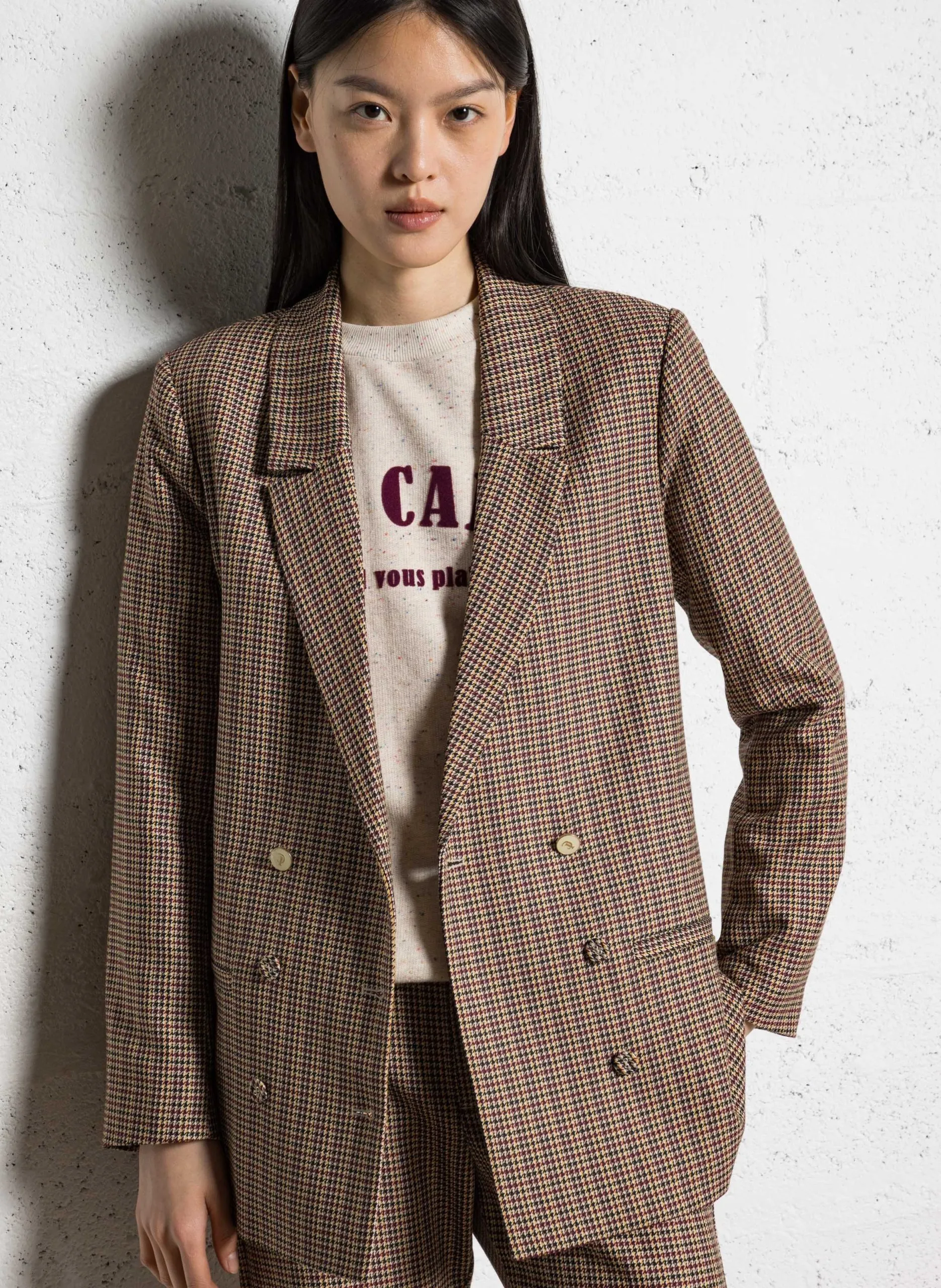 Veste droite col tailleur motif pied-de-puce Rose