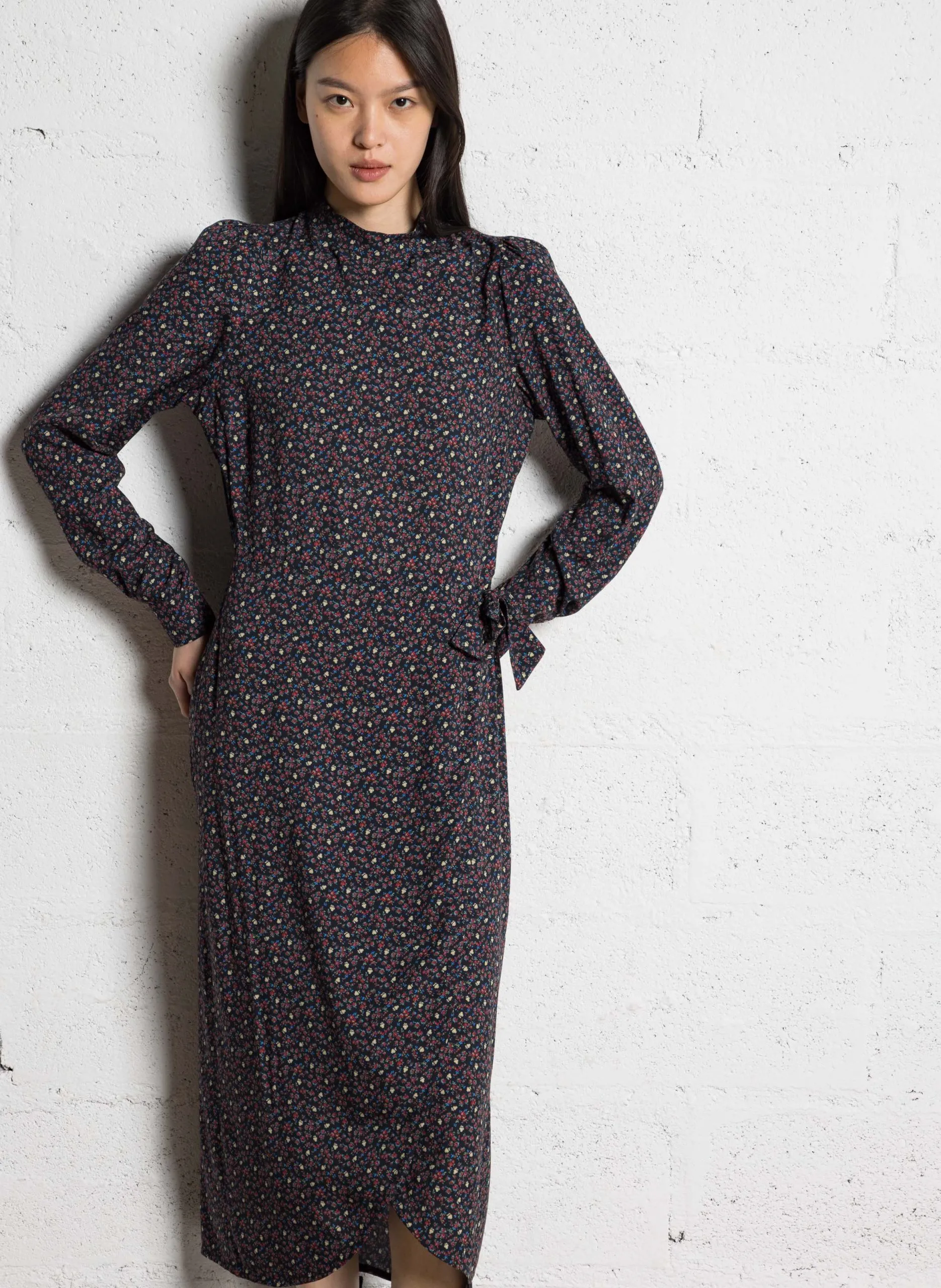 Robe longue col rond à imprimé fleuri Noir