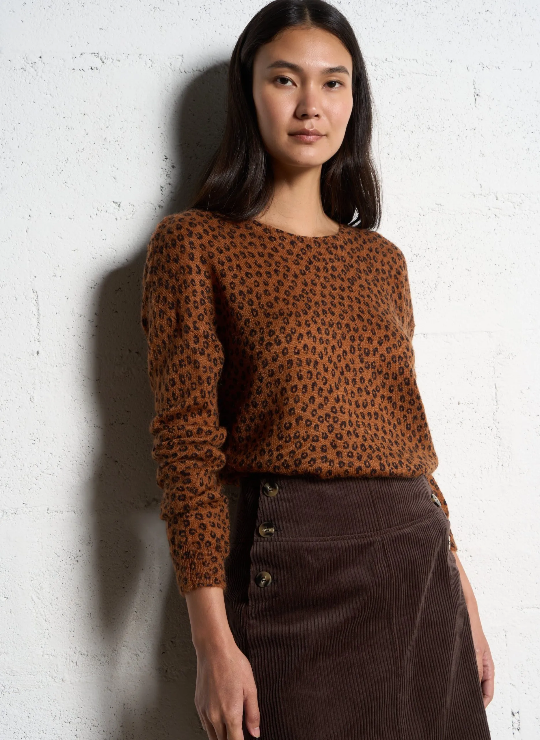 Pull droit en maille imprimée Marron TANAGA