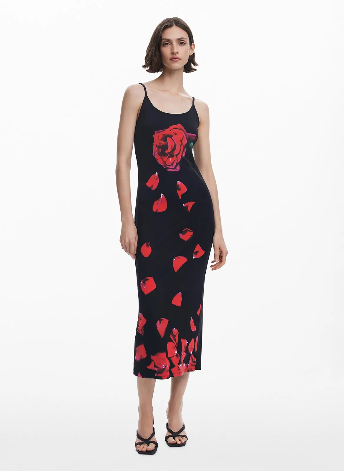Robe midi col rond imprimée Noir