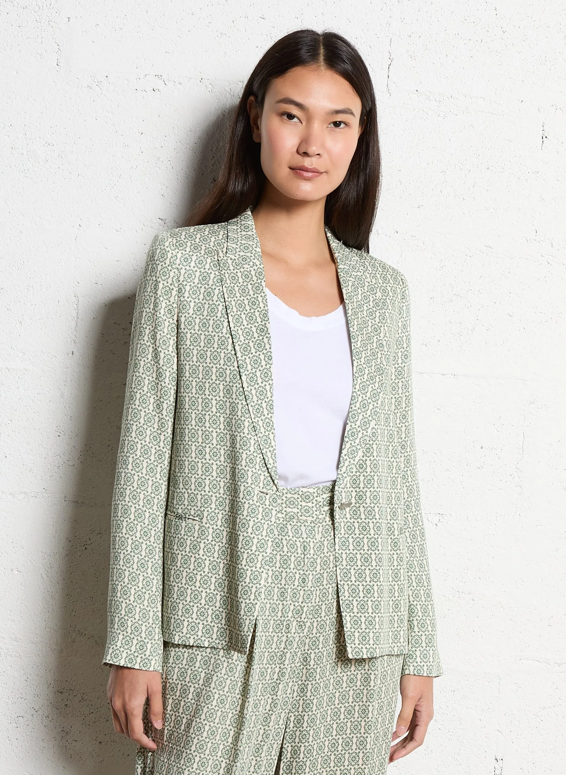 Veste droite col tailleur imprimée Vert