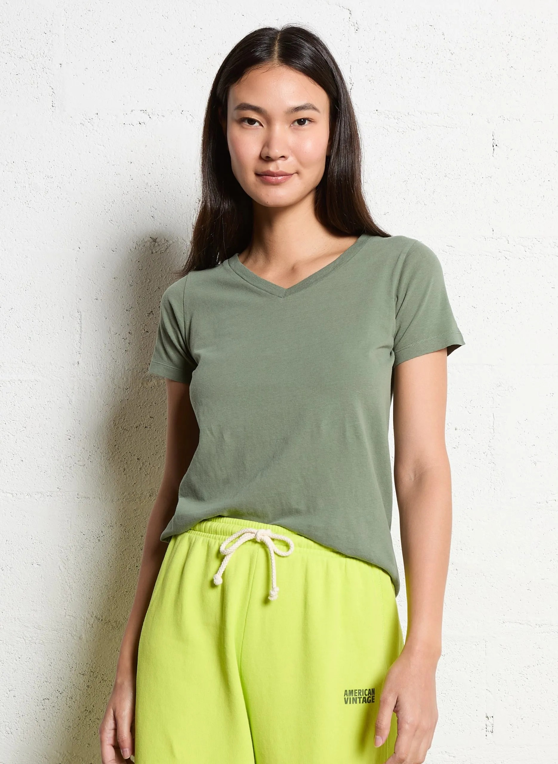 Tee-shirt col V en coton Vert GAMIPY