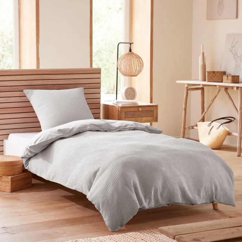 Parure de couette "nid d'abeille" 140 x 200 pour lit 1 place Gris