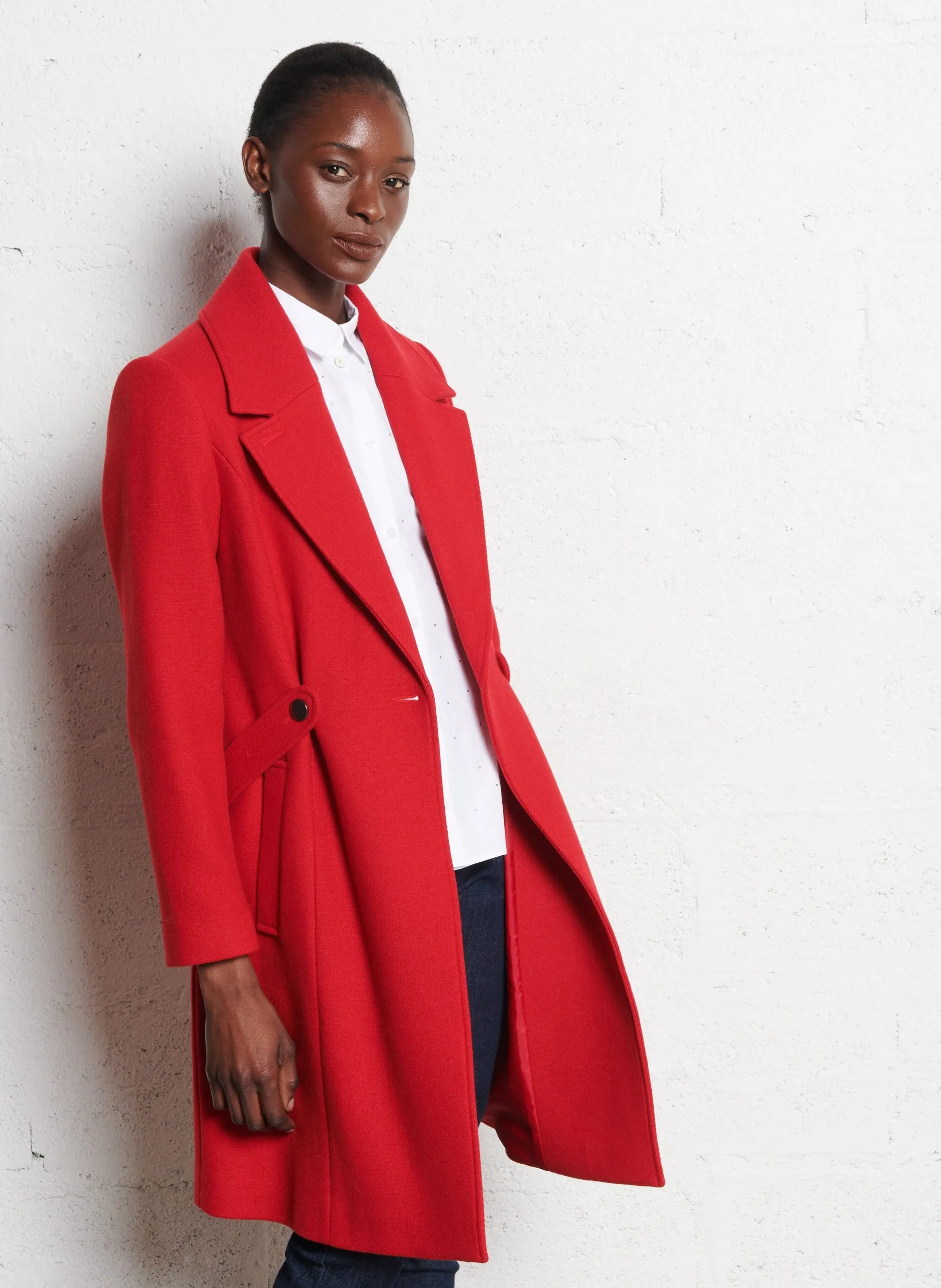 Manteau droit en coton mélangé Rouge