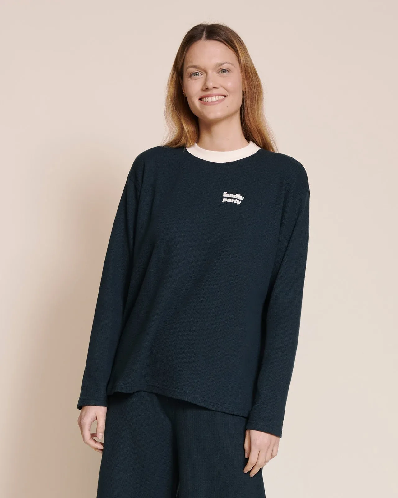 Le haut de pyjama family party femme en coton bio nid d'abeille Bleu