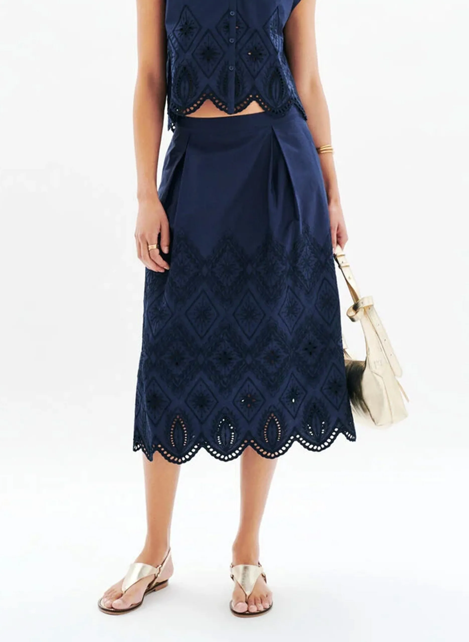 Jupe midi col brodée en coton Bleu 251J-JROMY