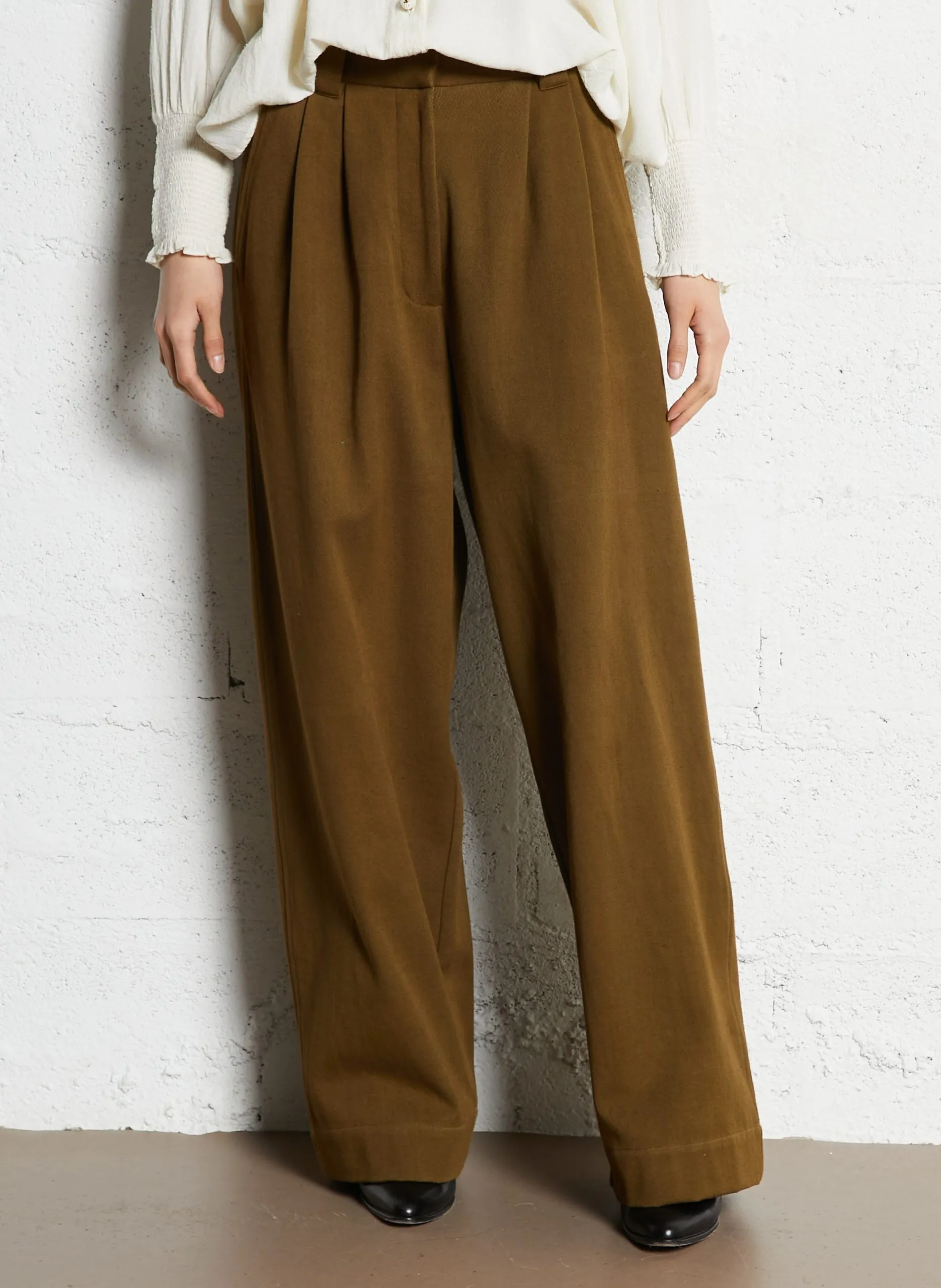 Pantalon large à pinces taille haute Kaki MONA