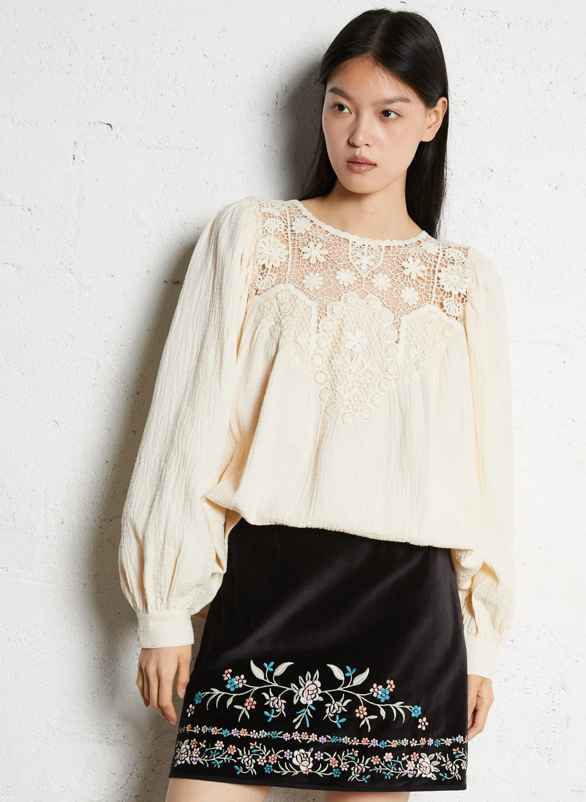 Blouse col rond en coton Beige RIYA