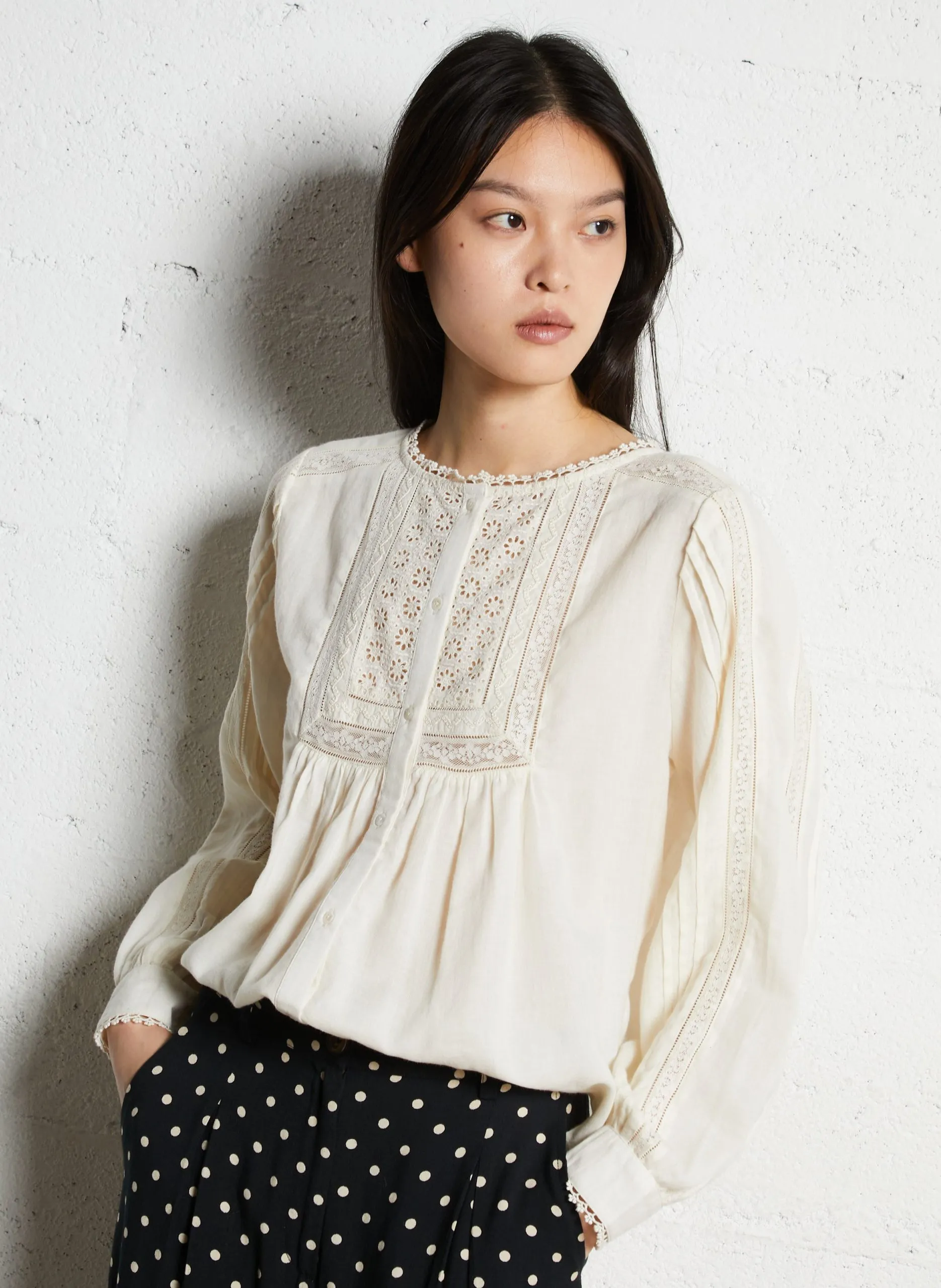 Blouse col rond en coton Beige CAITLYN