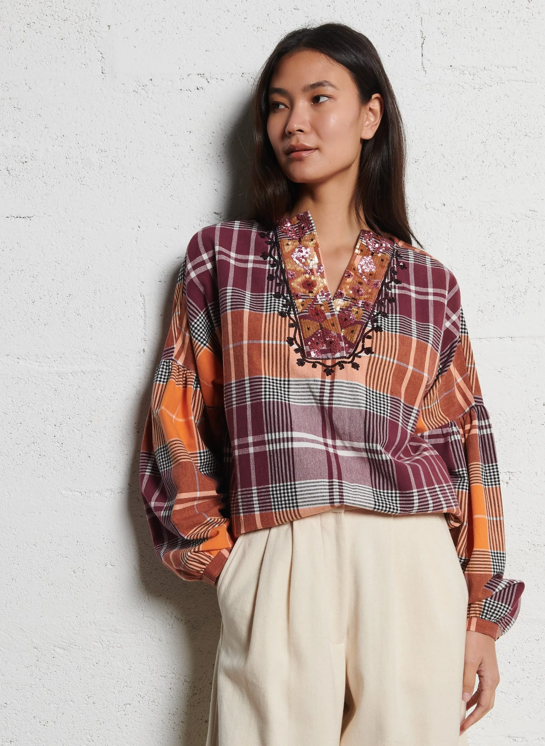 Blouse large col v sequins à carreaux Orange MIA