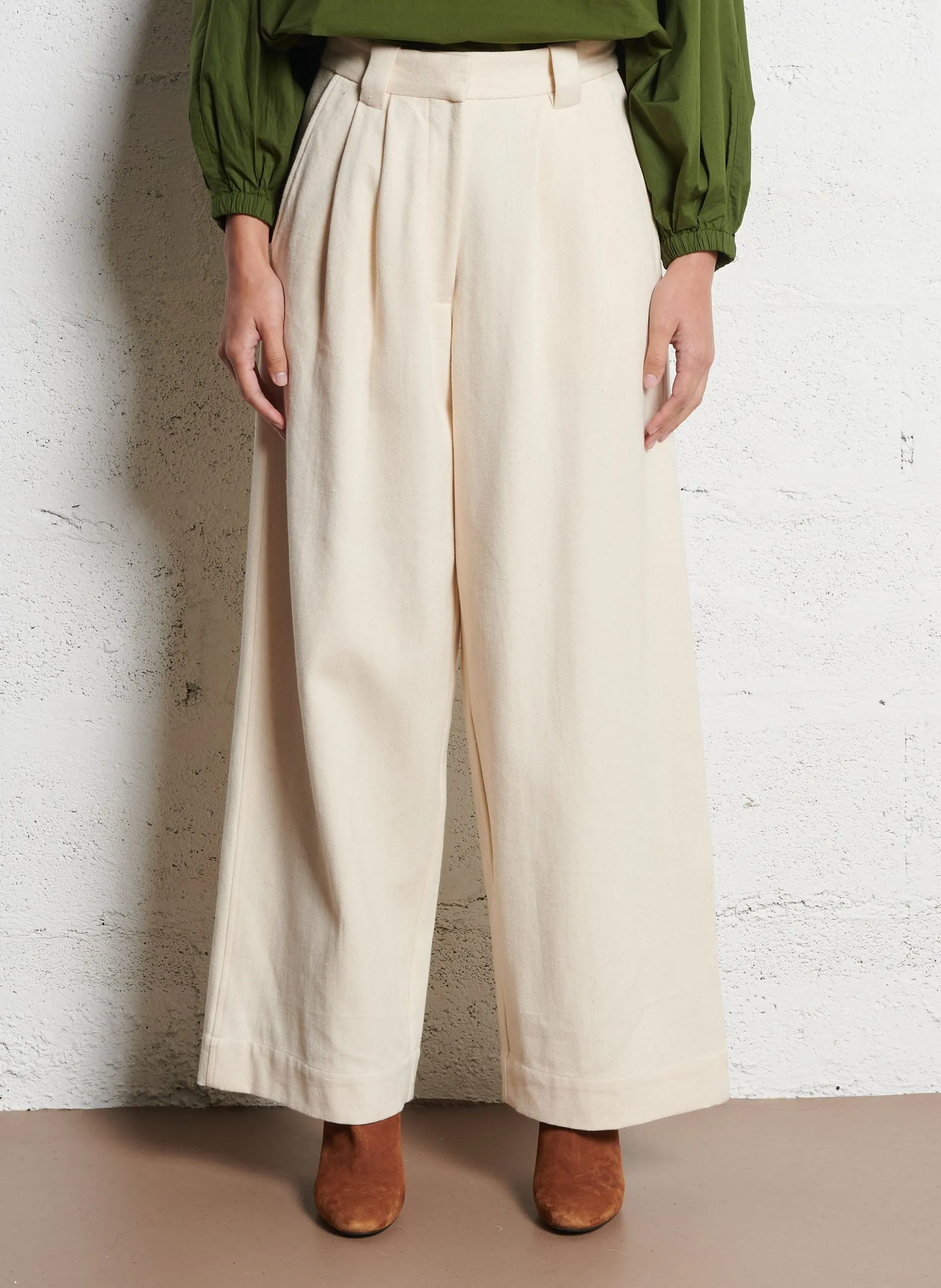 Pantalon large à pinces taille haute Beige MONA