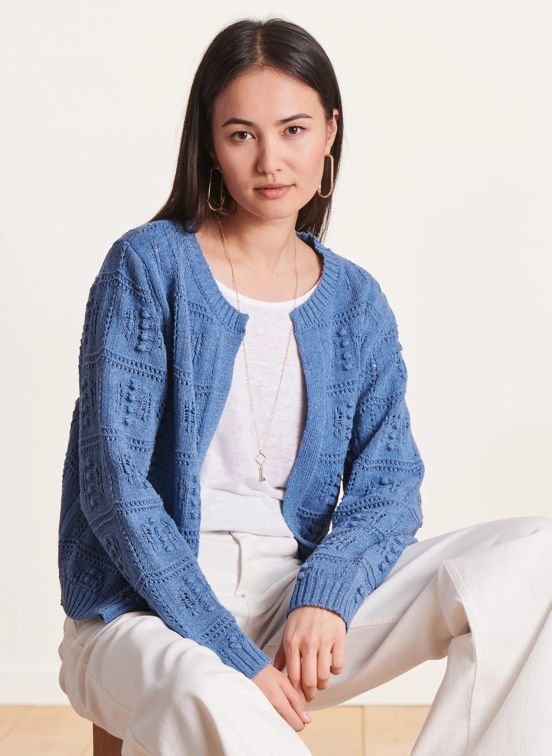 Gilet col rond en coton mélangé Bleu