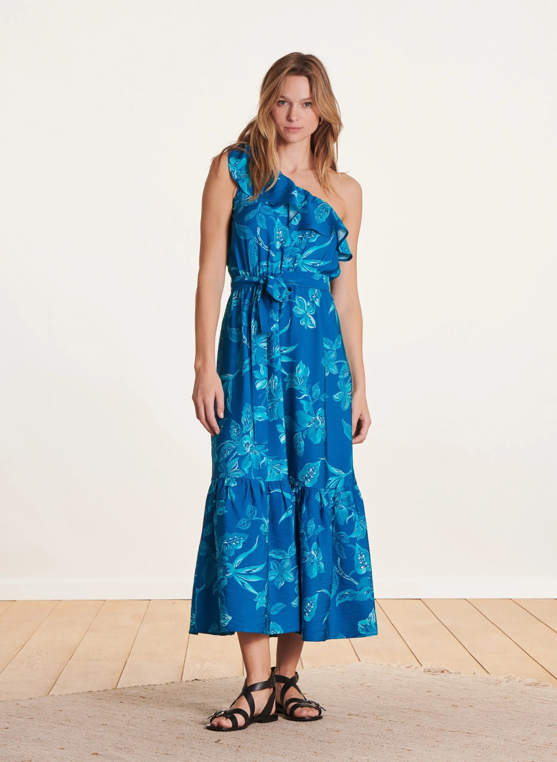 Robe midi à imprimé floral Bleu