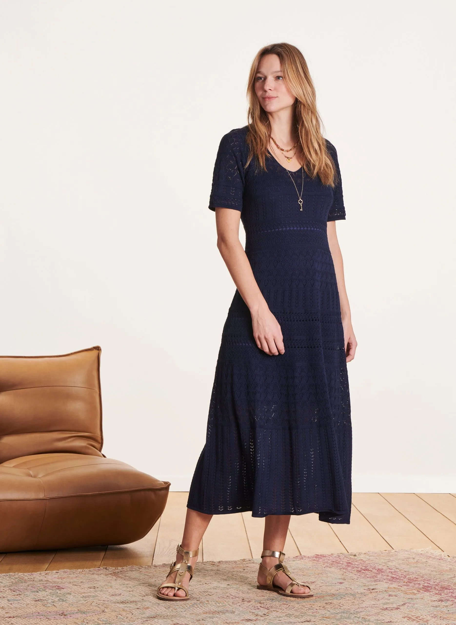 Robe longue en maille pointelle Bleu