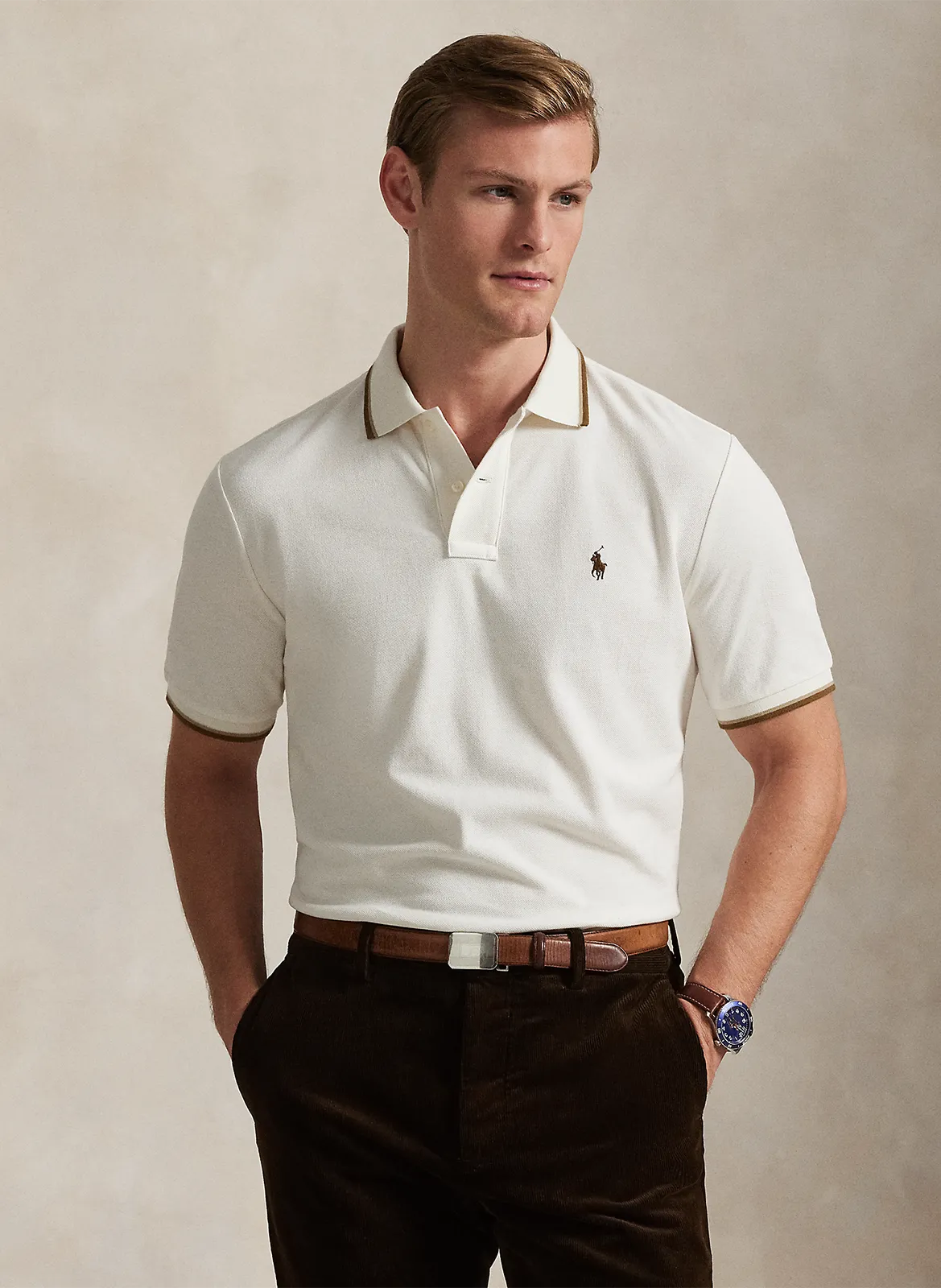 Polo slim-fit en coton piqué Beige