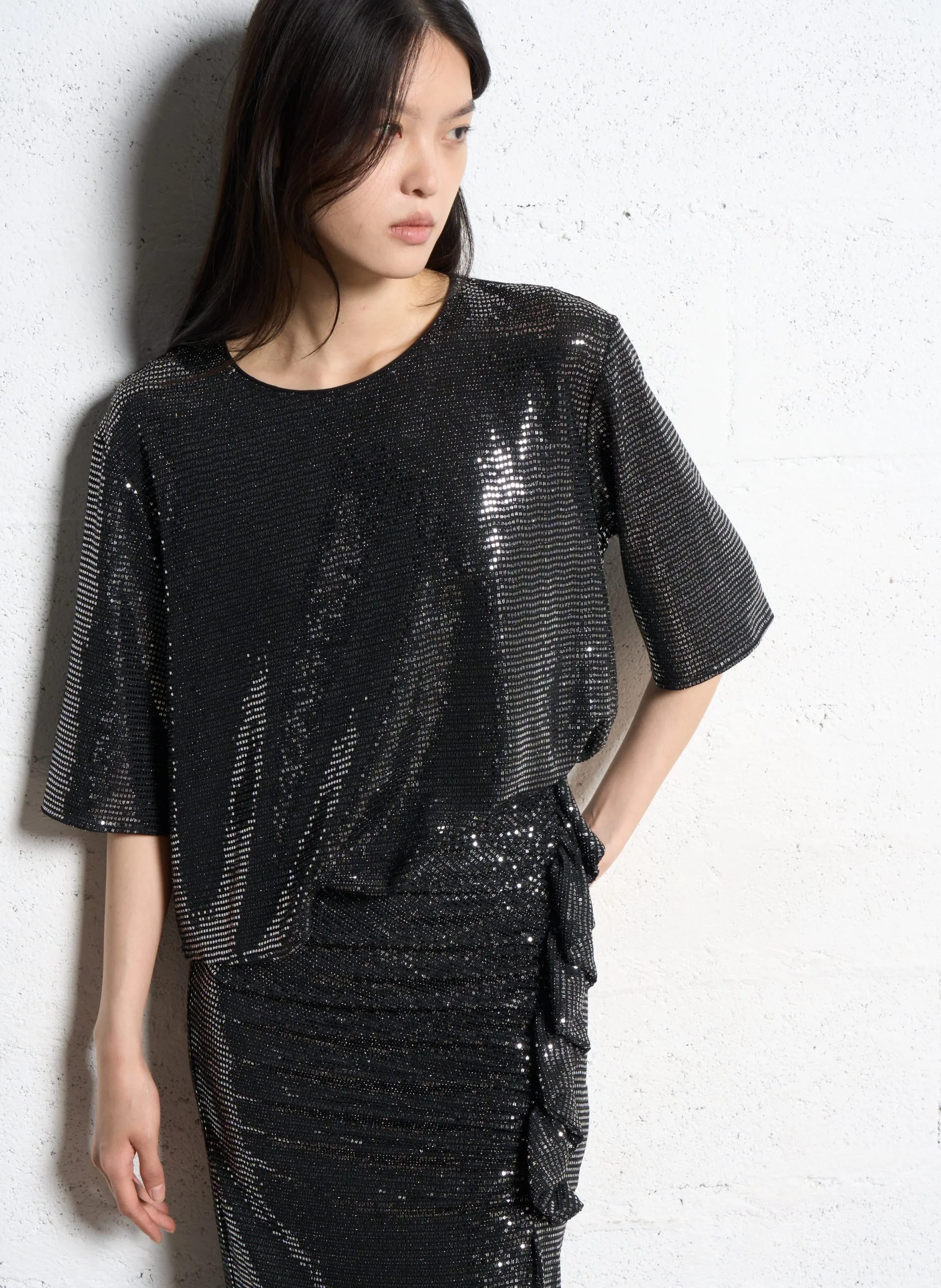 Top large manches courtes à sequins Argent MAIWEEN