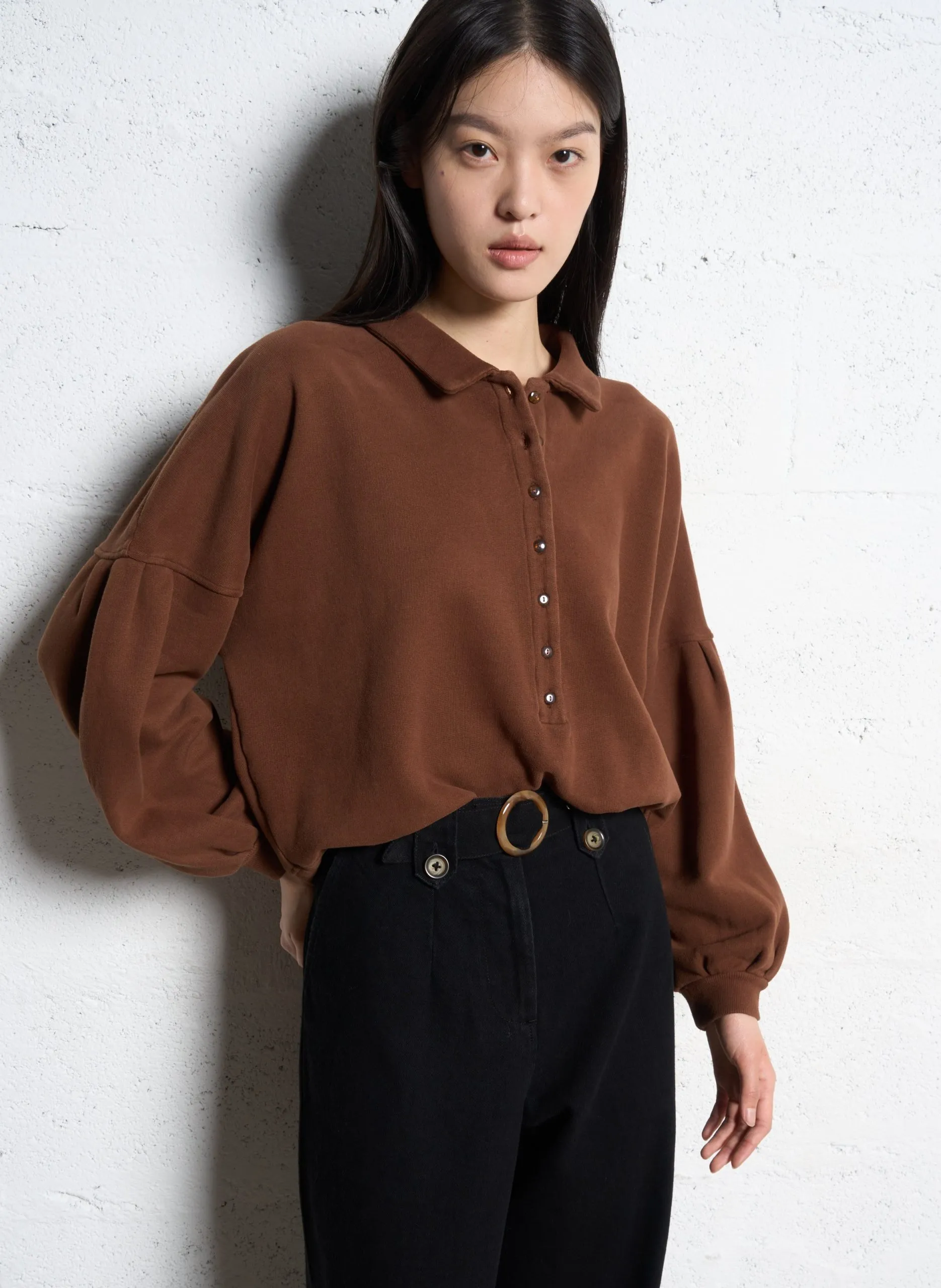 Sweat col polo en coton bio Marron CANNIE