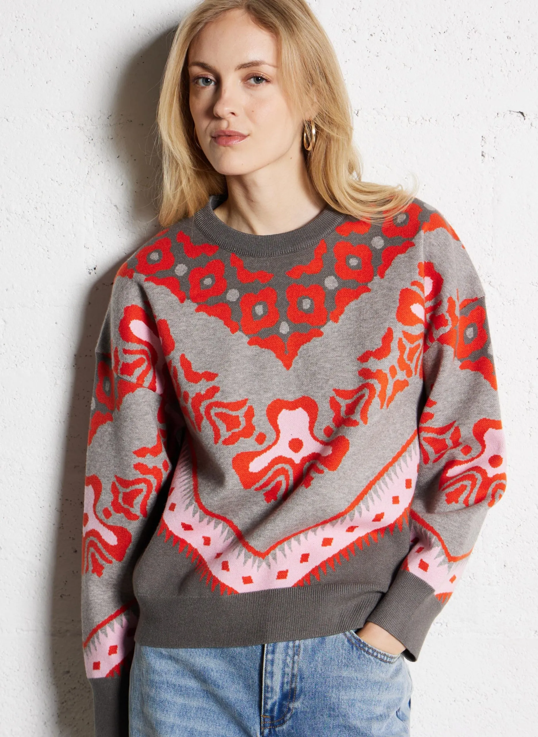 Pull ample col rond en jacquard Gris PAVARO