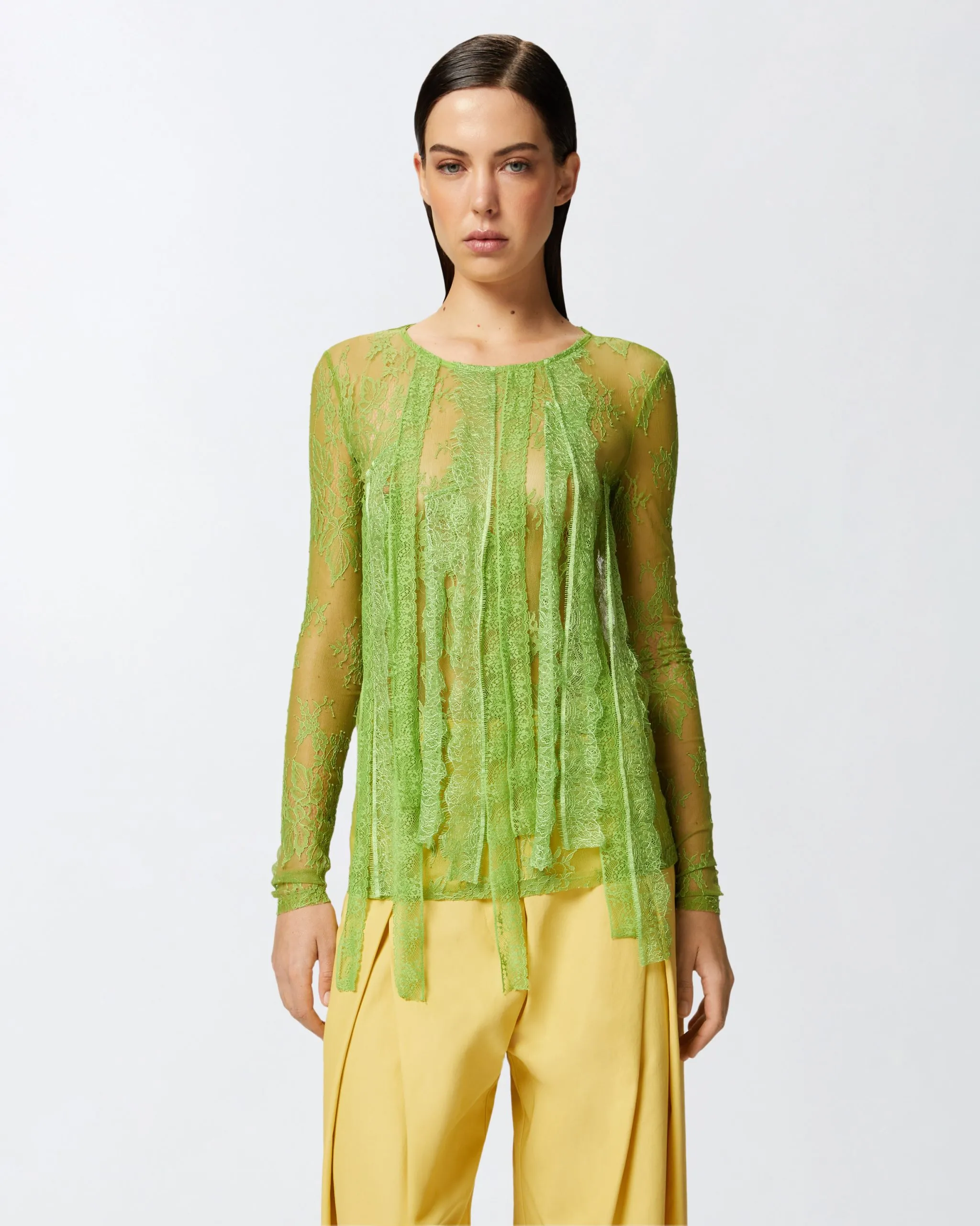 T-shirt ajusté en dentelle à franges Vert