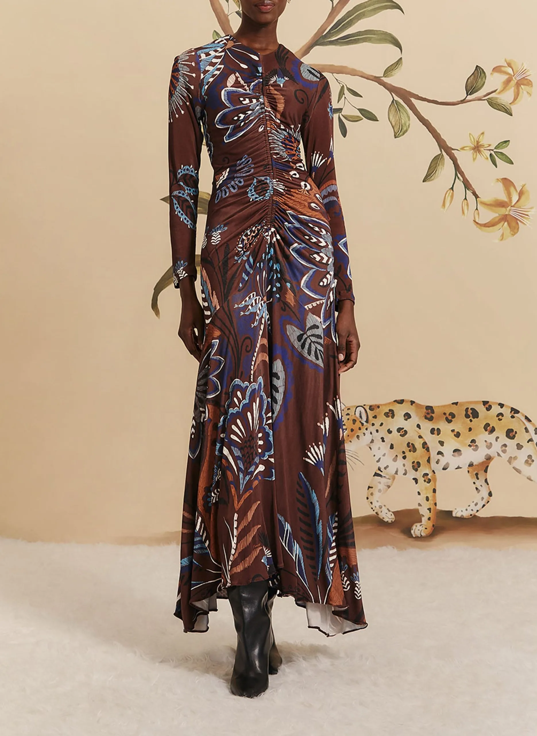 Robe midi col v à imprimé floral Marron
