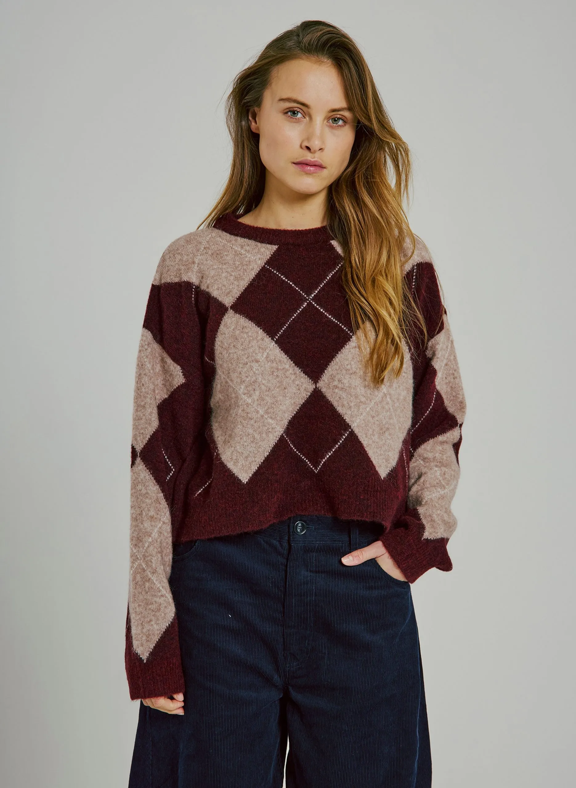 Pull ample col rond jacquard en laine mélangée Rouge LOGAN