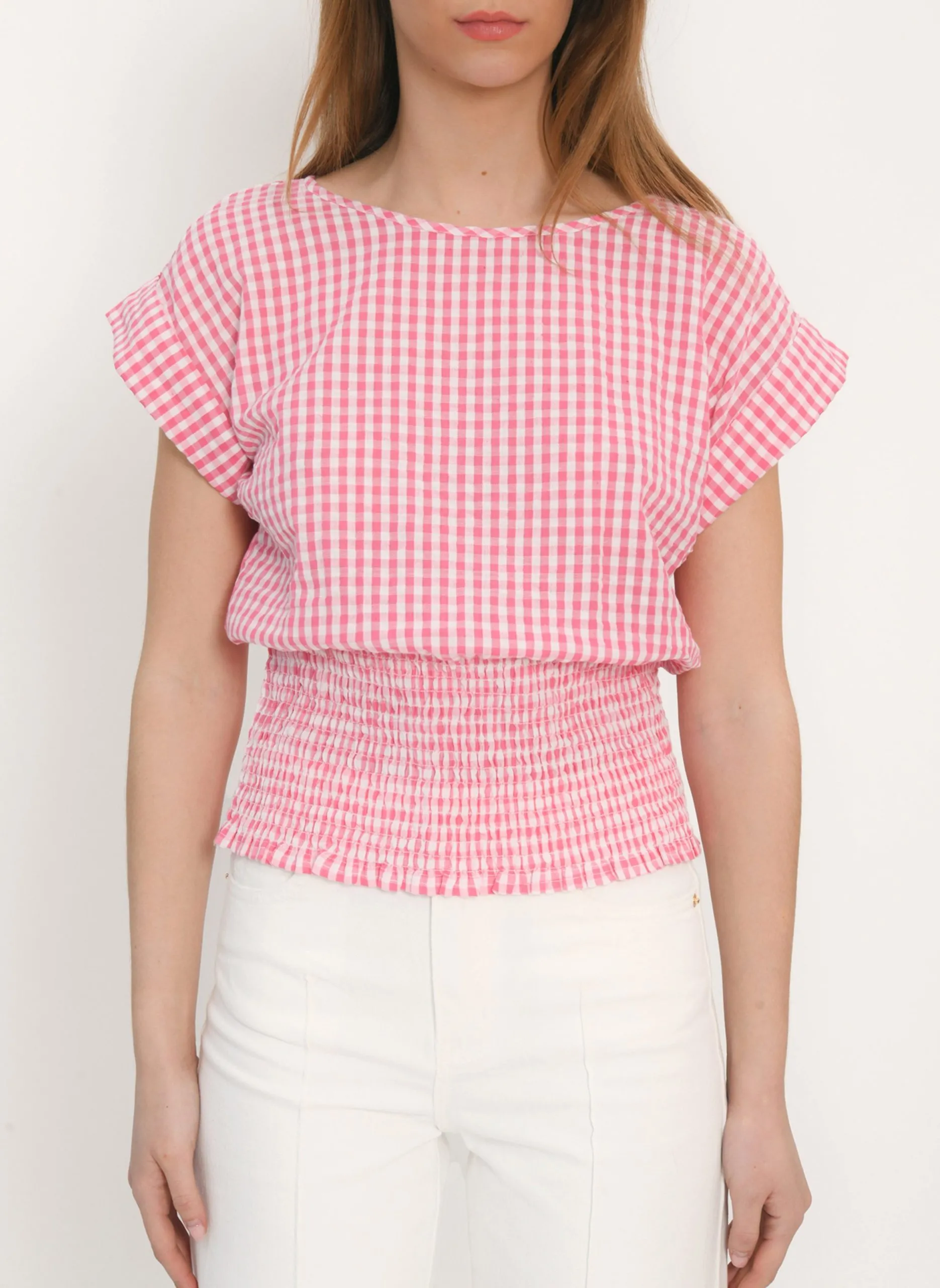 Top col rond imprimé vichy en coton Rose ALVIA