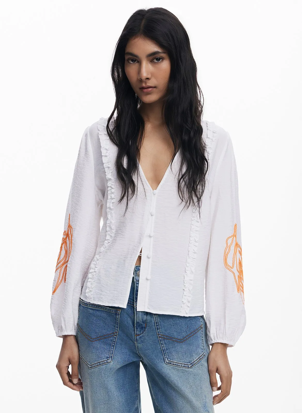 Blouse droite col V Blanc