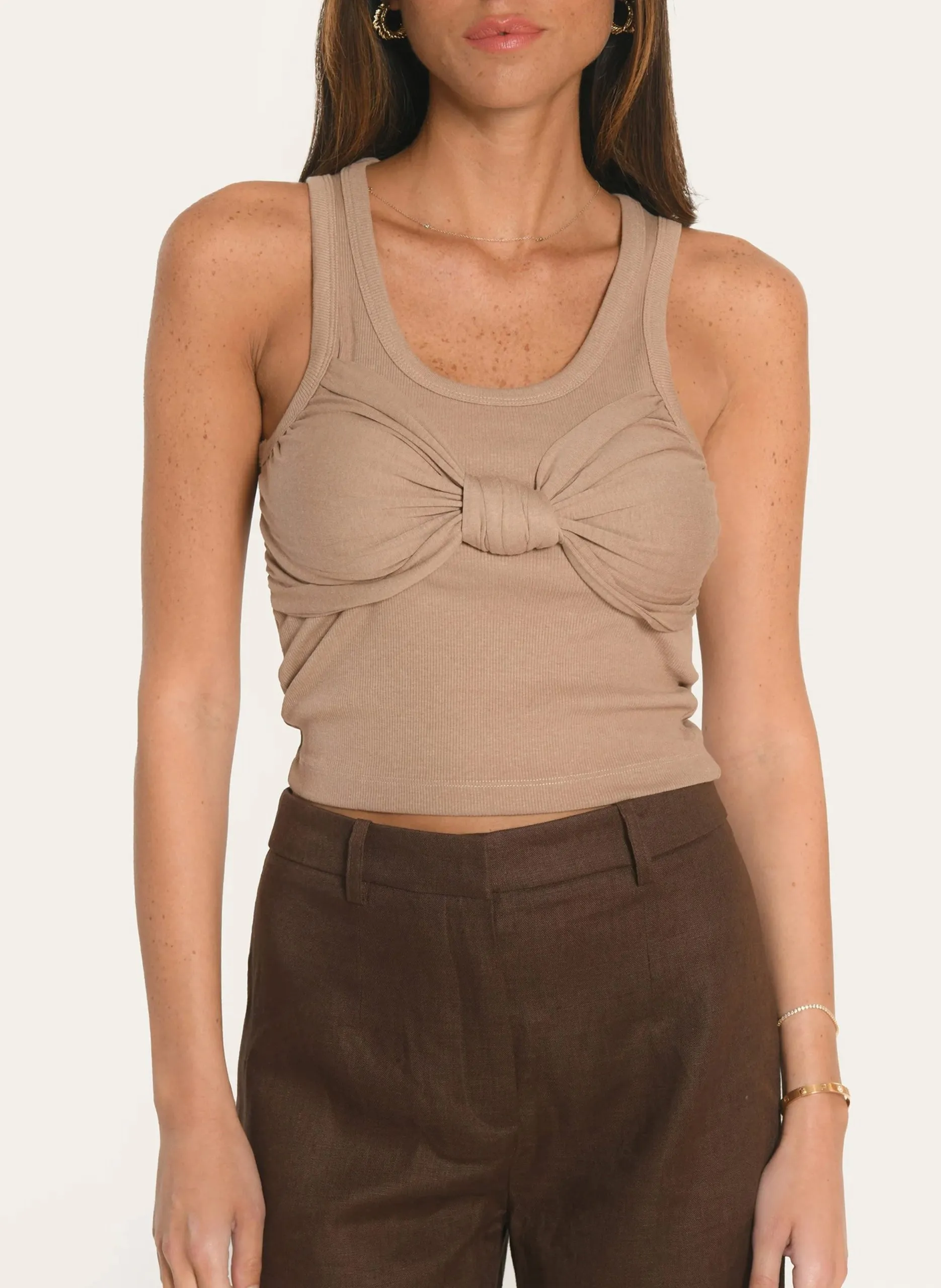 Débardeur col rond en coton mélangé Beige AINA