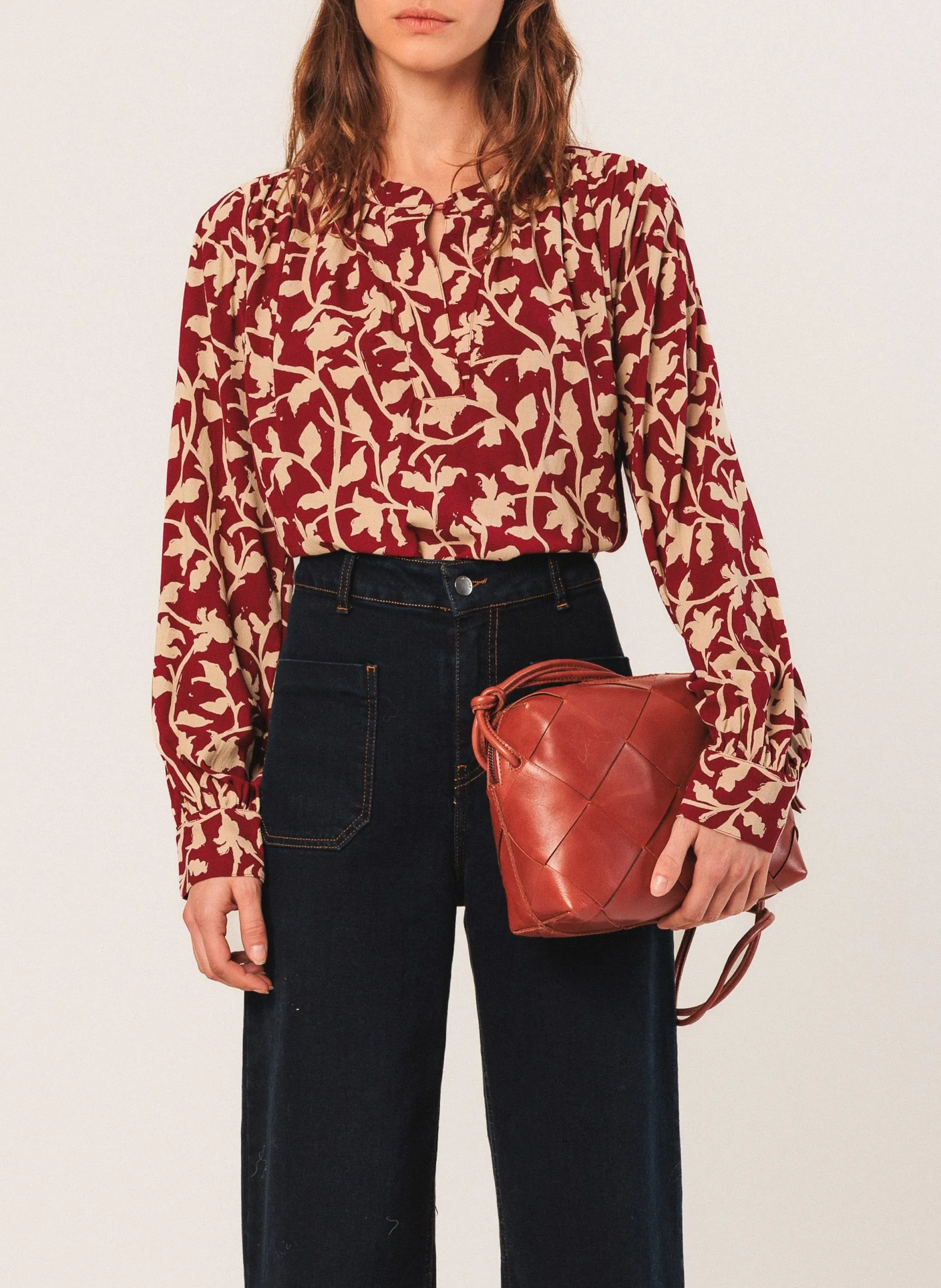 Blouse ample col mao imprimé floral Violet