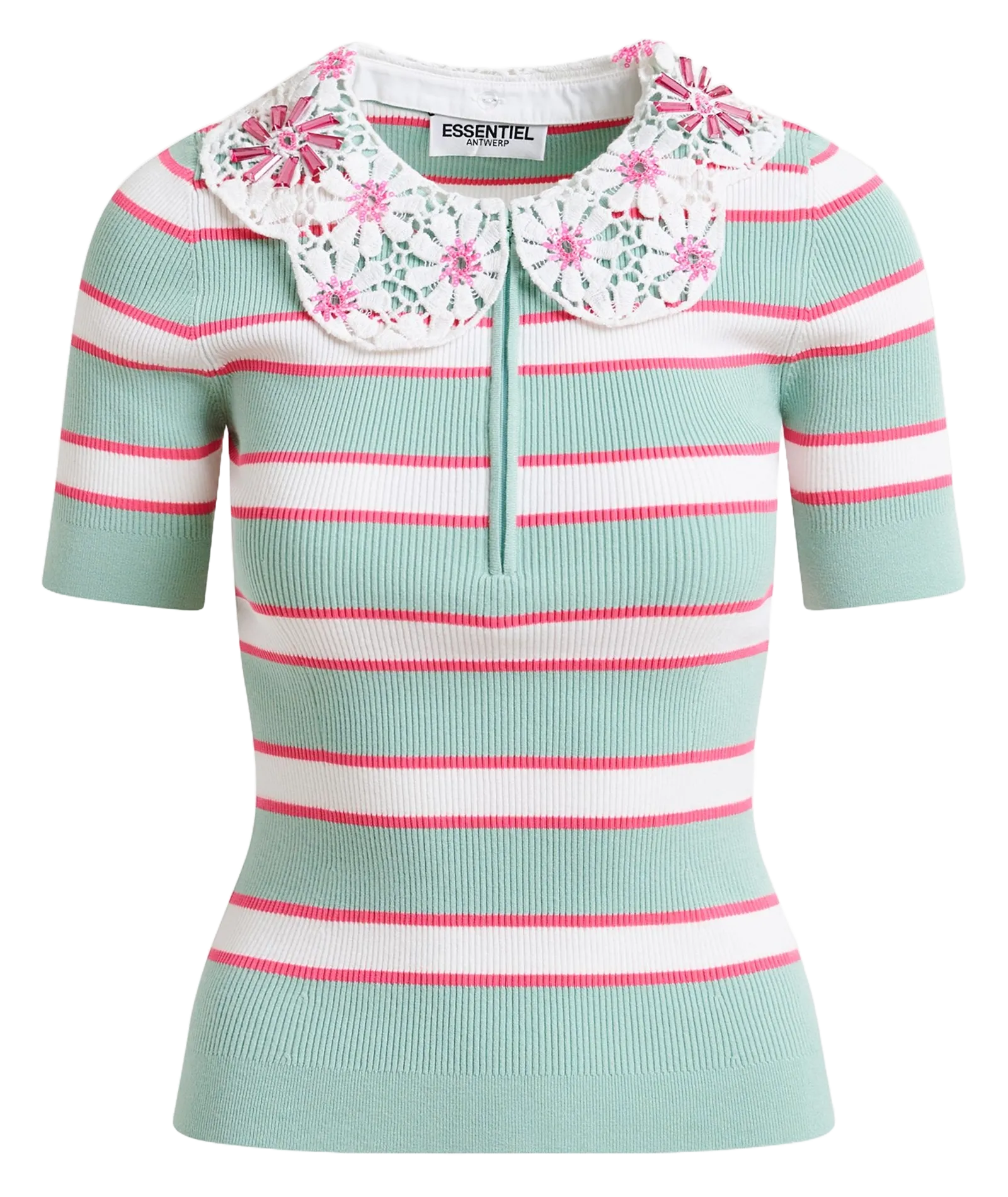 Top ajusté rayé à col claudine dentelle Vert IOTA