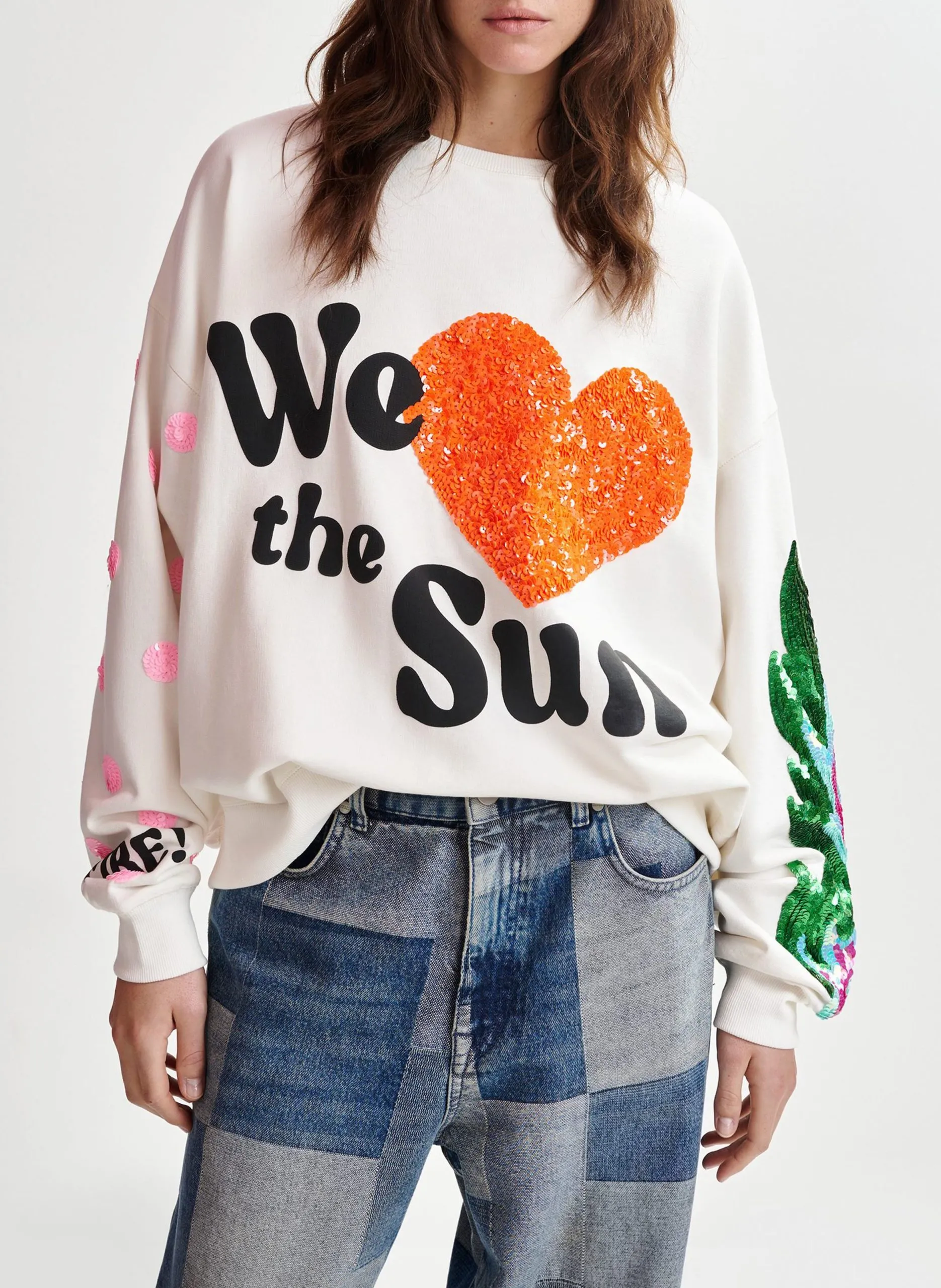 Sweat ample imprimé à broderies paillettes Blanc IHEXPERIENCE