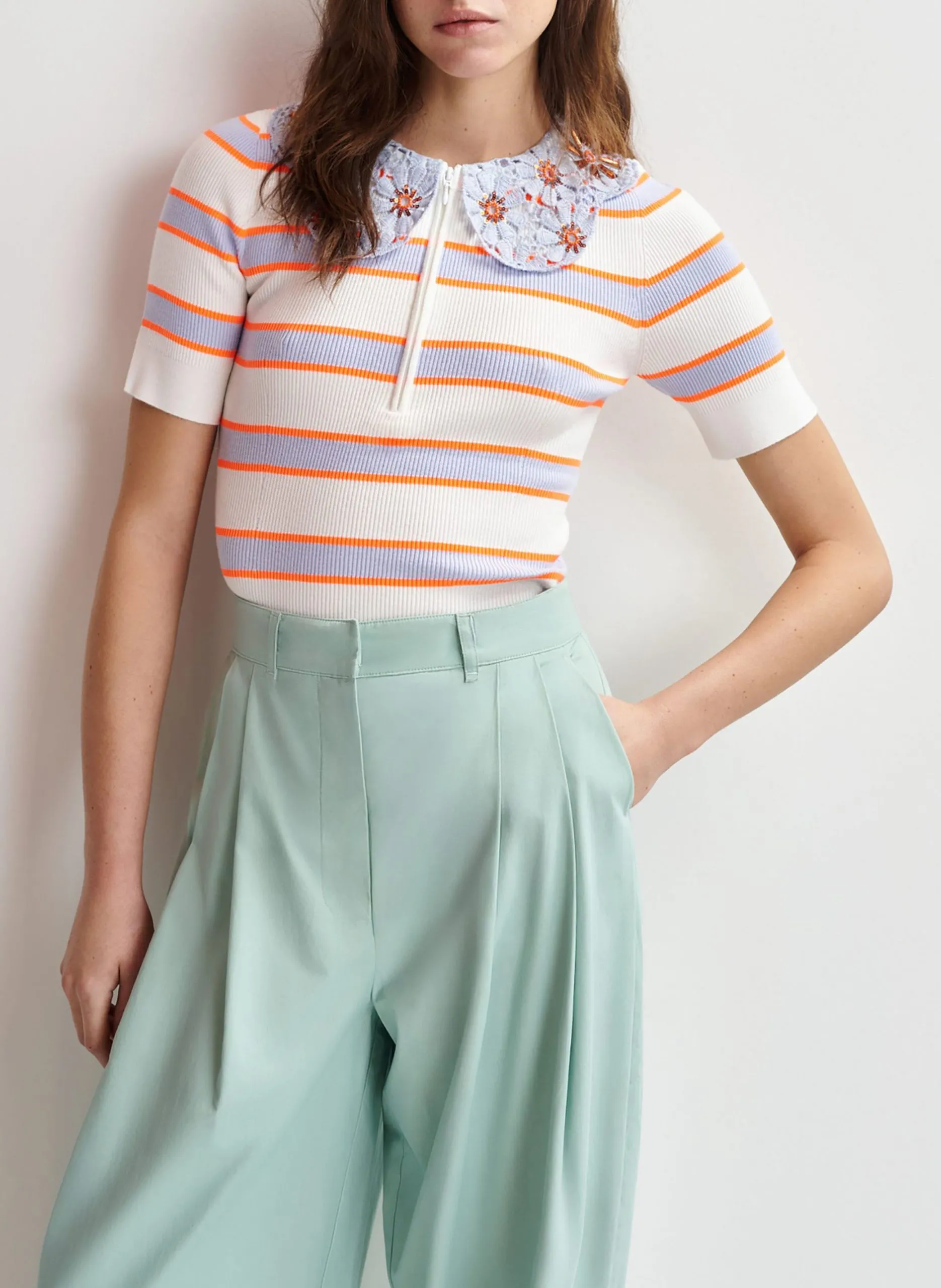 Top ajusté rayé à col claudine dentelle Multicolore IOTA