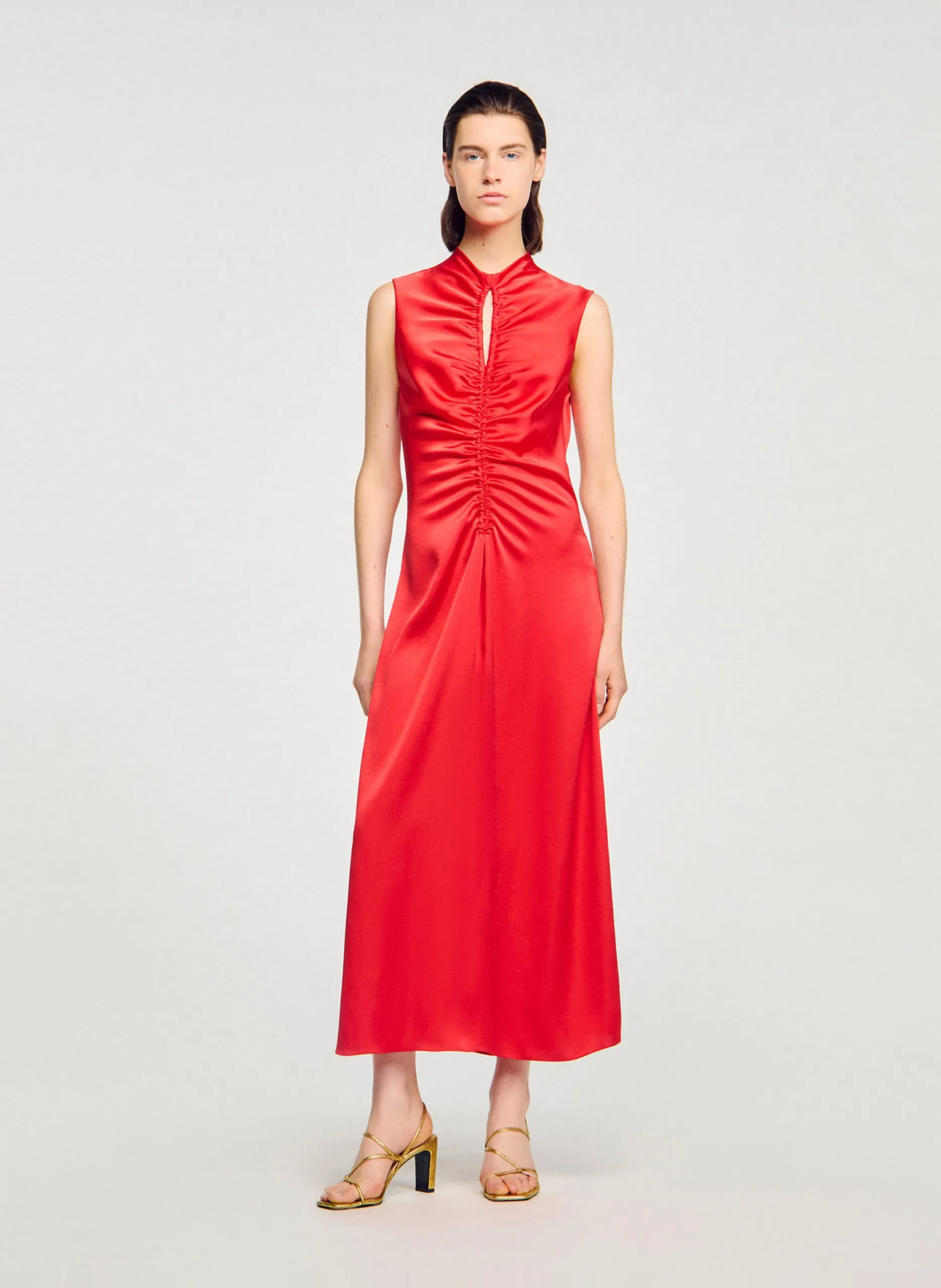 Robe longue col rond satinée Rouge