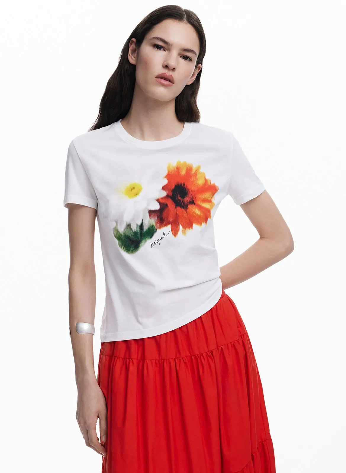 Tee-shirt col rond en coton mélangé Blanc