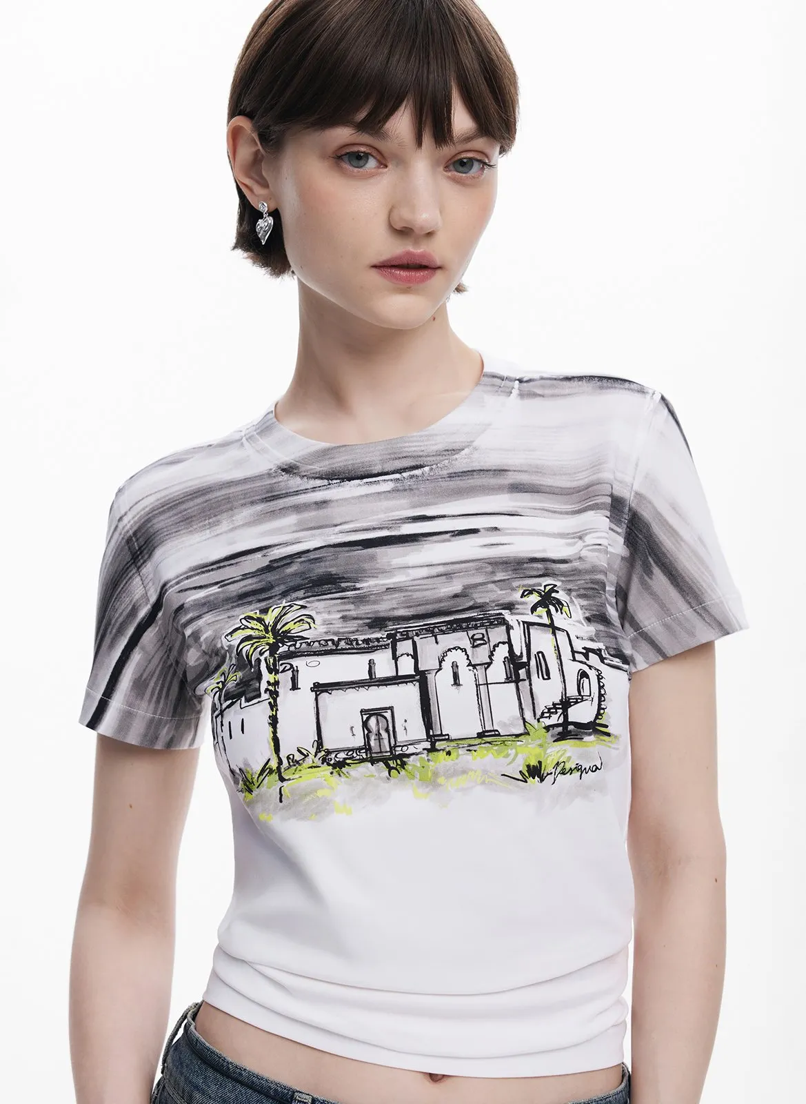 Tee-shirt col rond en coton mélangé Noir