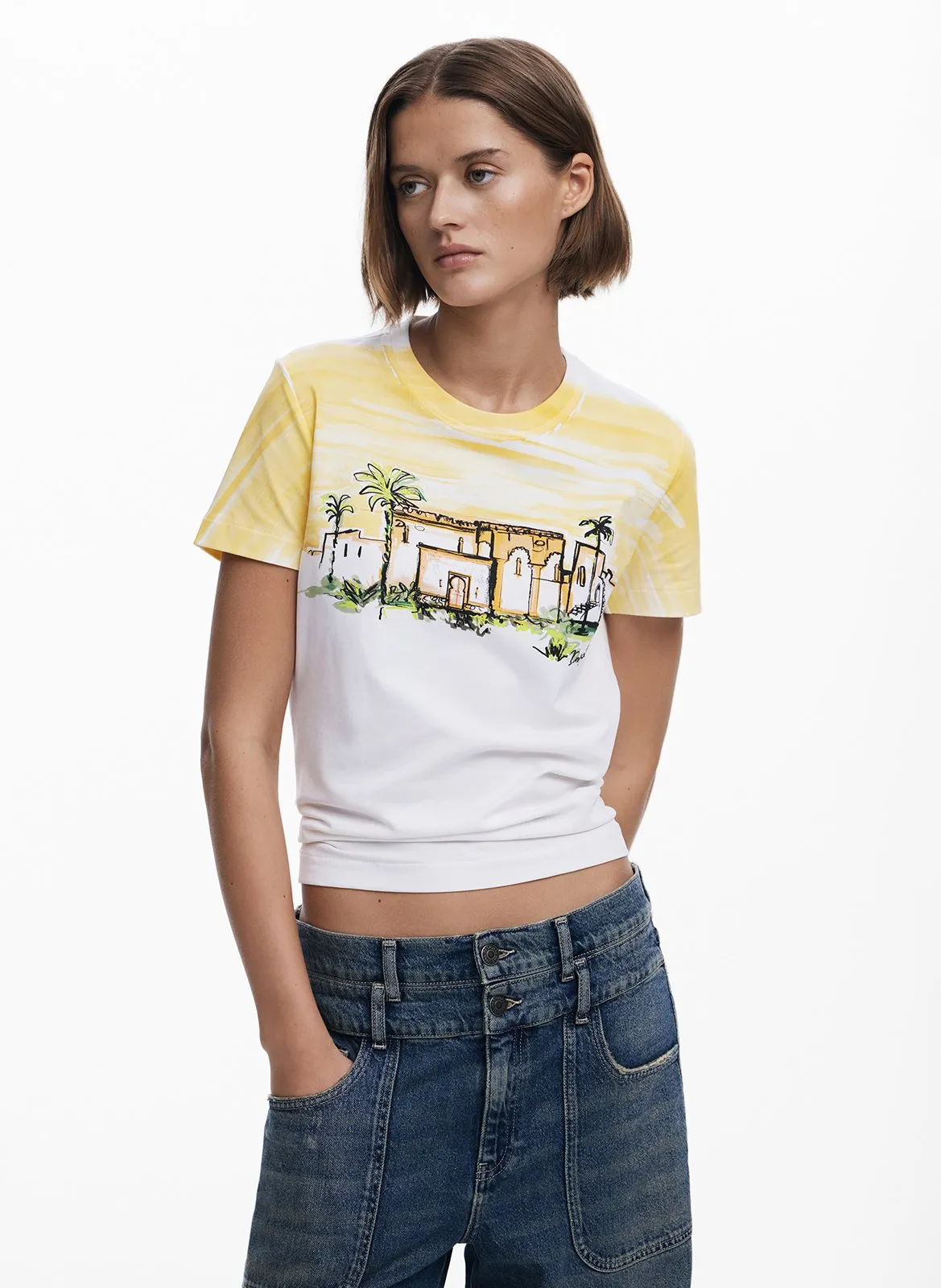 Tee-shirt col rond en coton mélangé Orange