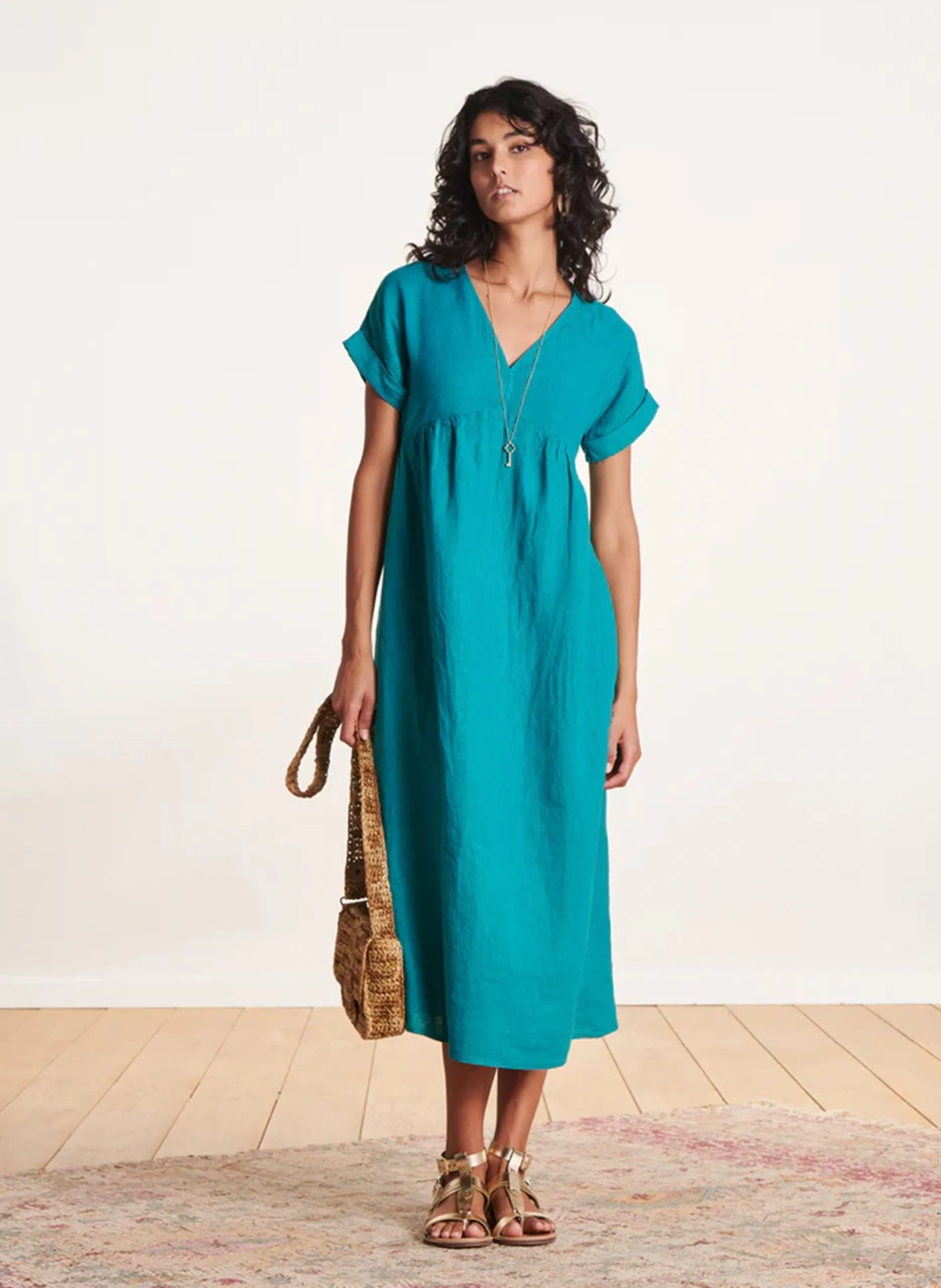 Robe longue col v en lin Bleu