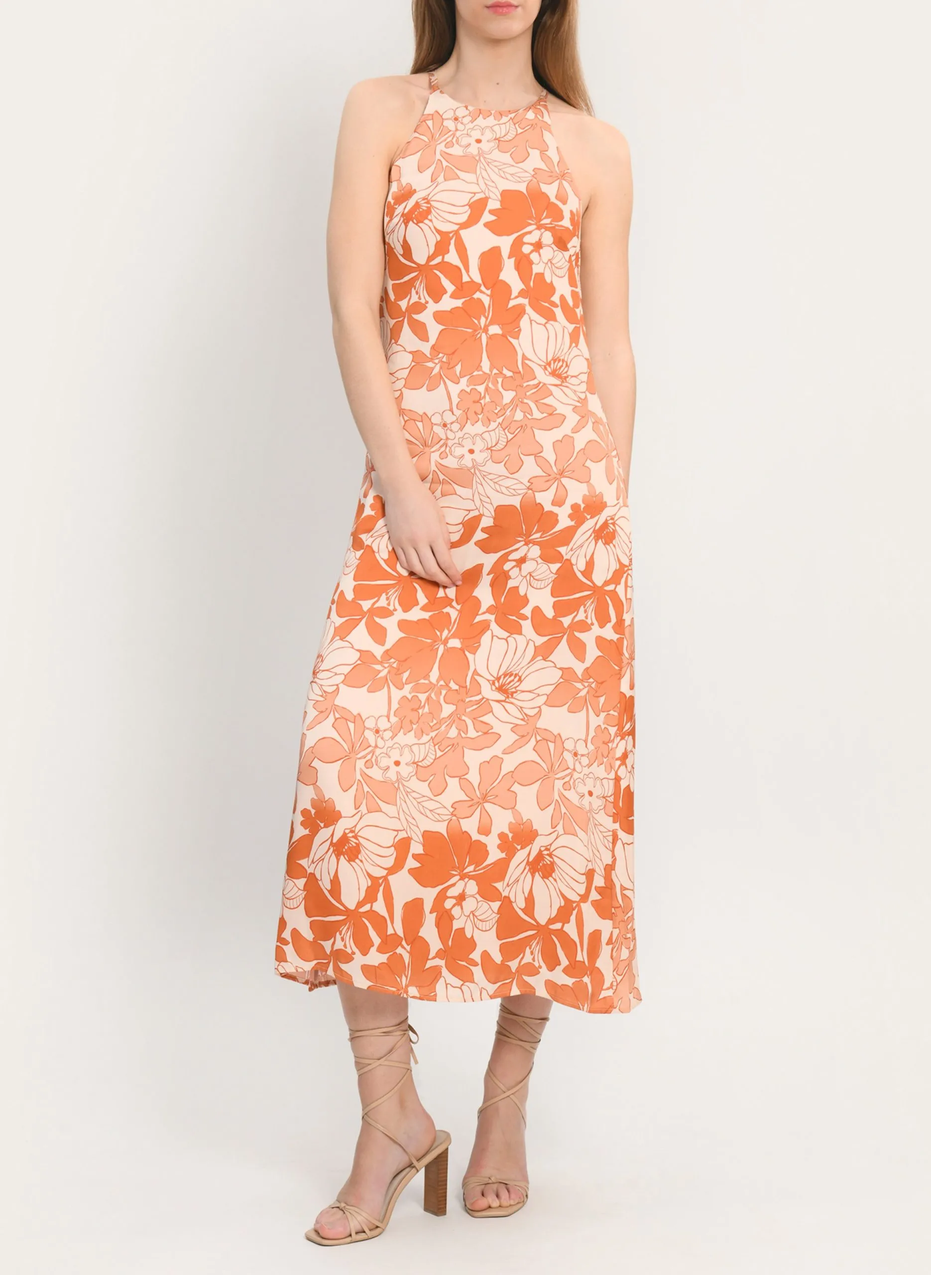 robe longue col rond imprimée Orange ANGELA