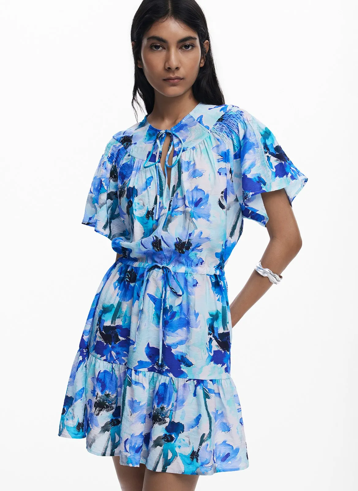 Robe courte col rond à imprimé floral Multicolore