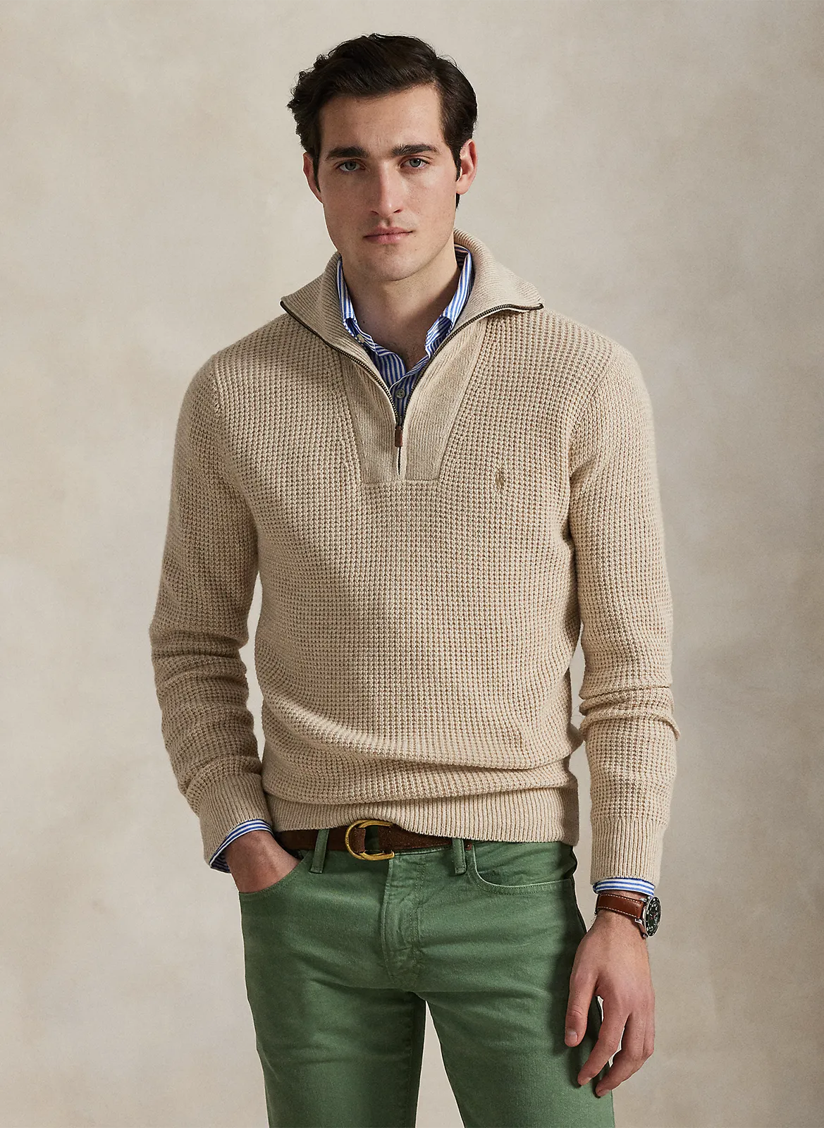 Pull droit col cheminé en laine et coton mélangé Beige