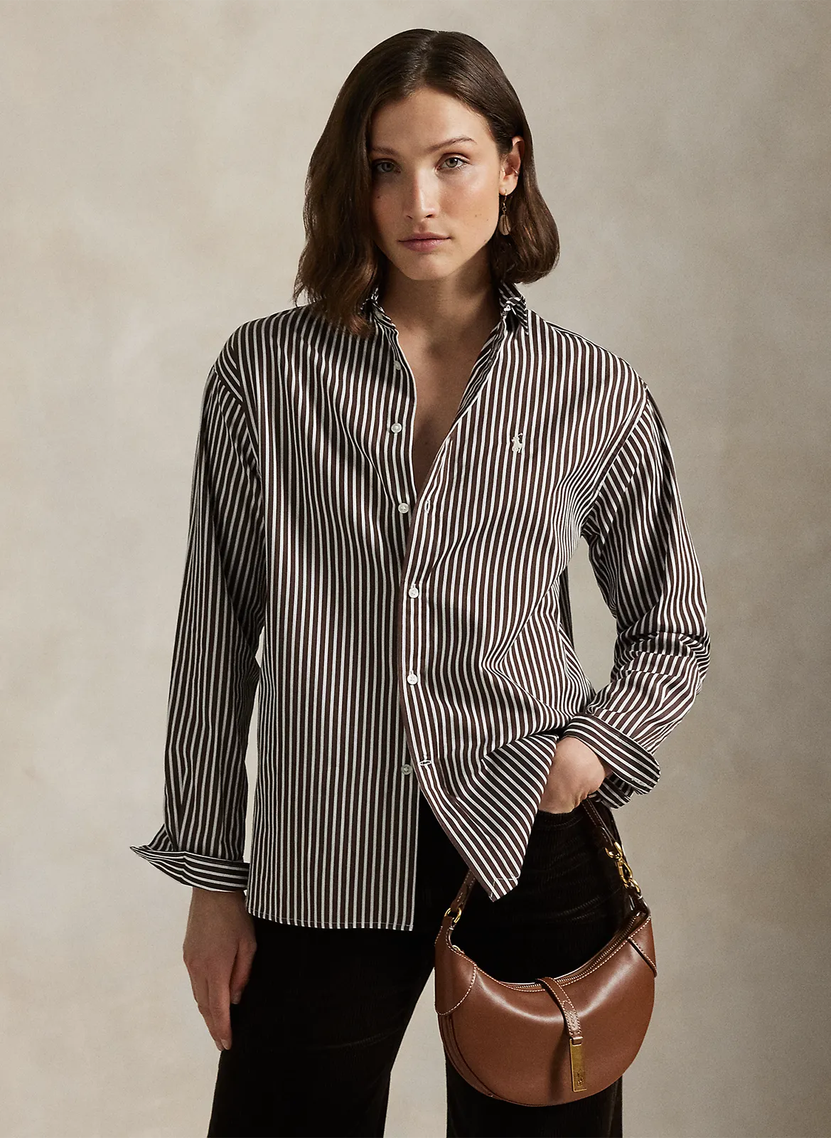 Chemise droite col polo en coton rayé Marron