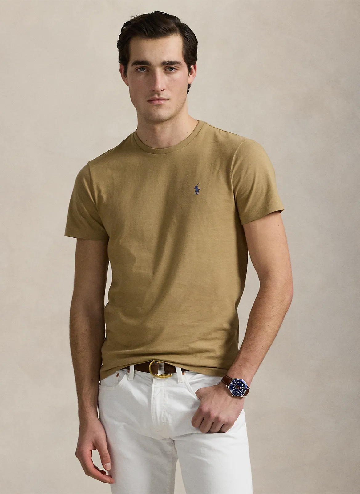 Tee-shirt col rond slim-fit en coton Beige