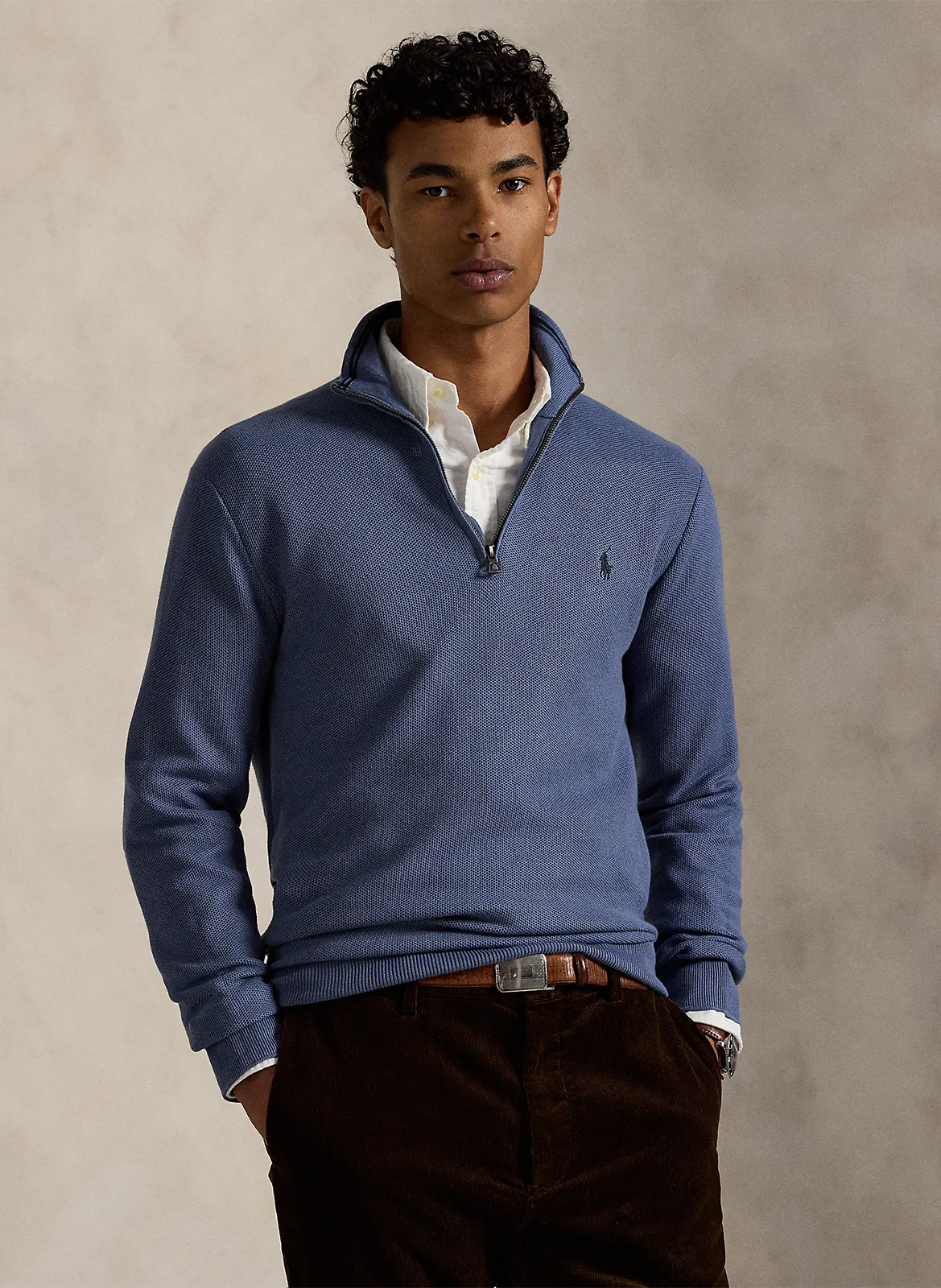 Pull col montant zippé en coton piqué Bleu