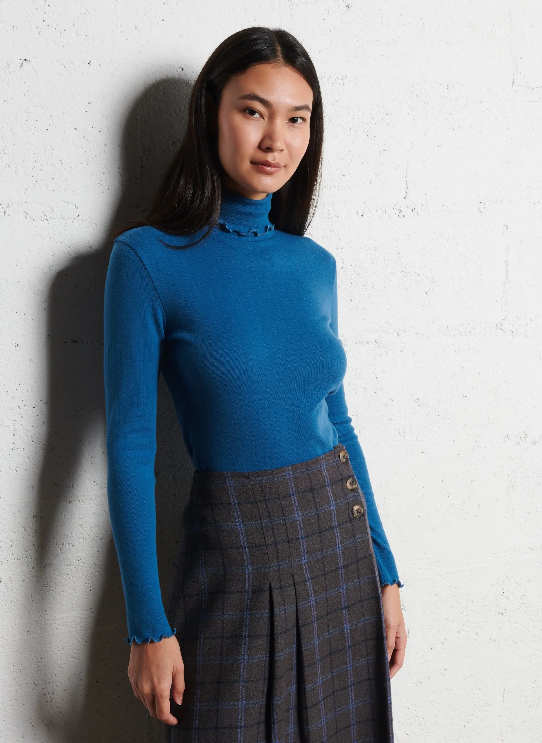 Col roulé droit en maille pointelle Bleu