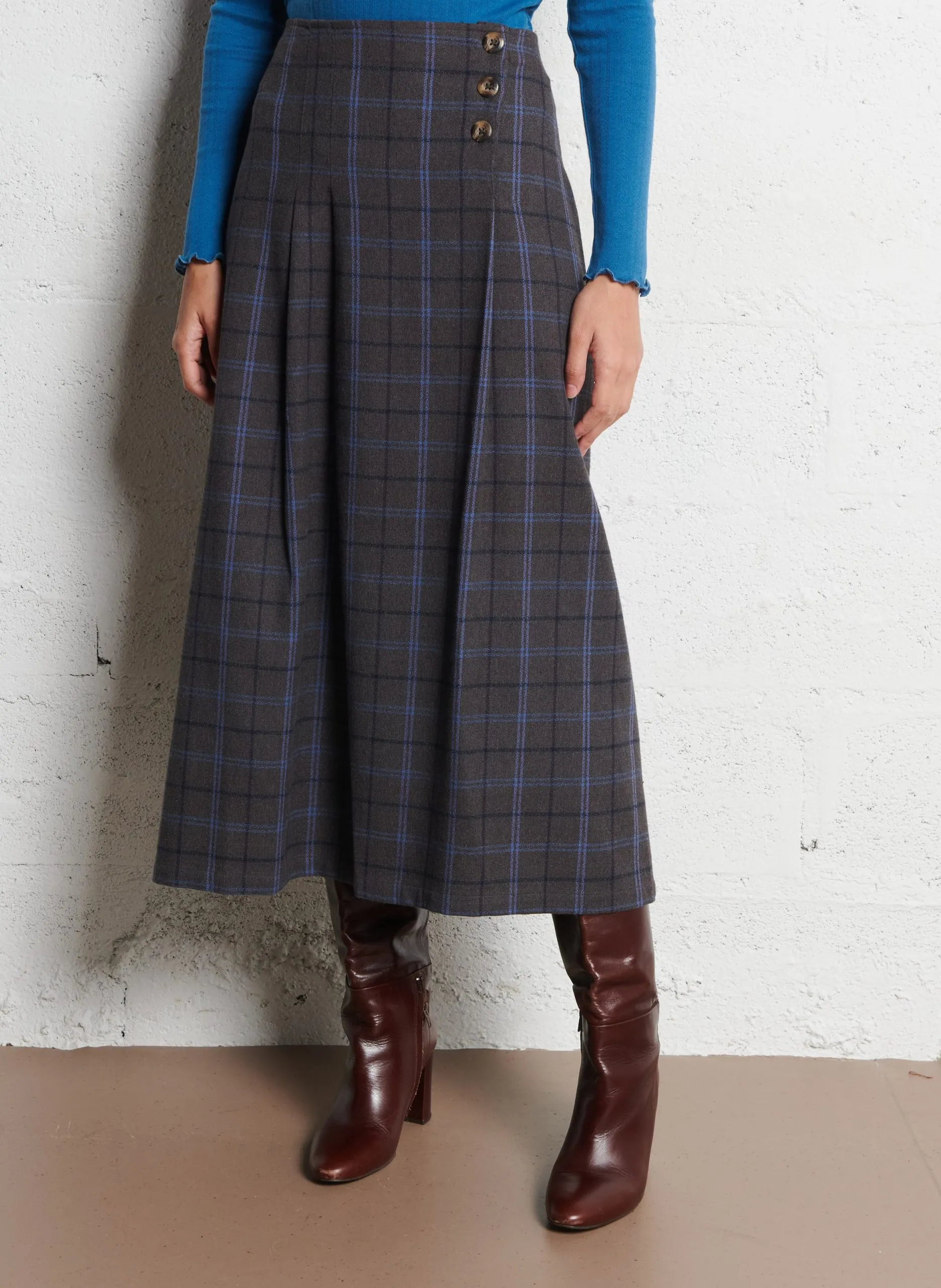 Jupe midi écossaise taille haute Gris