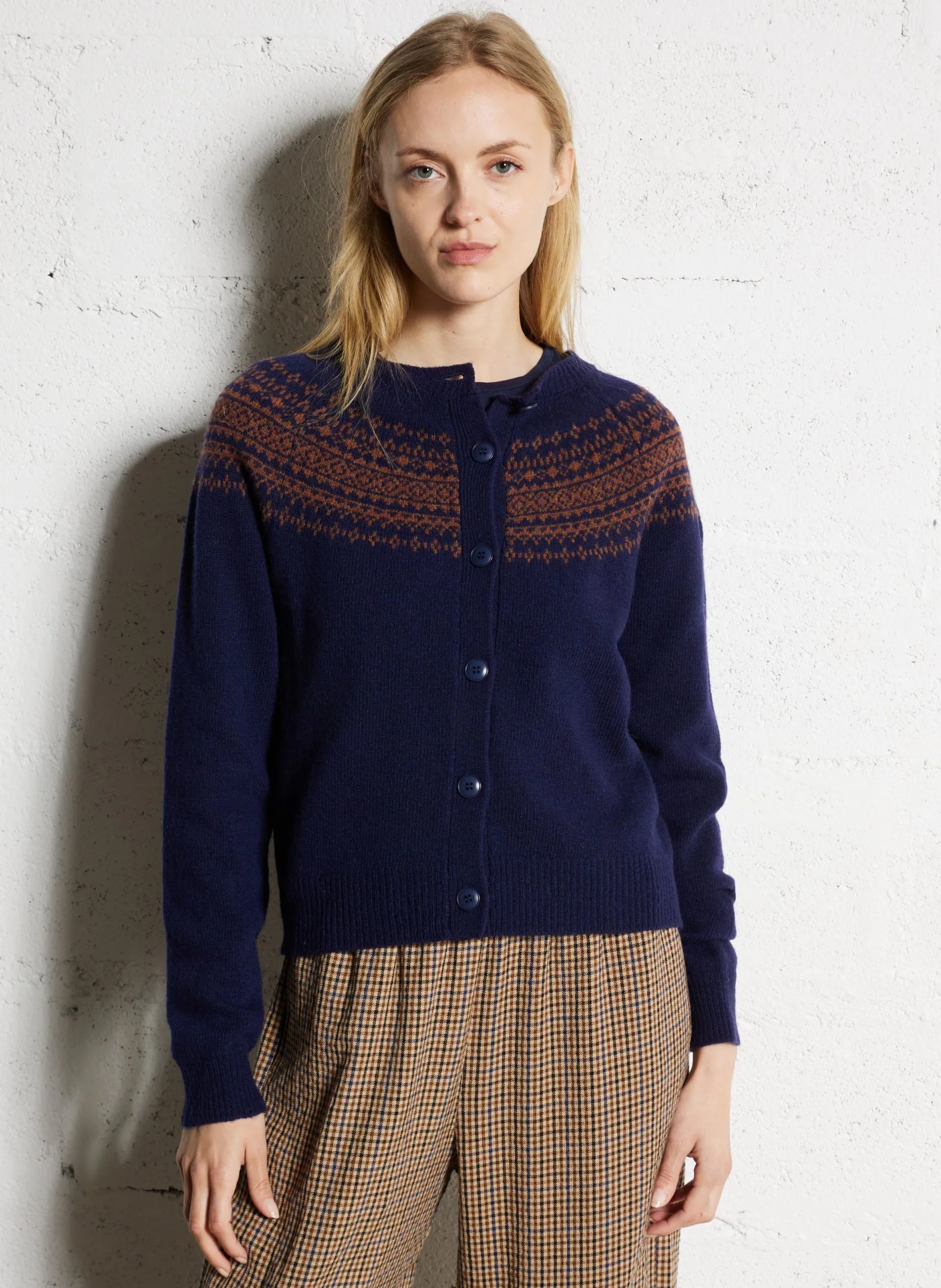 Gilet droit col bateau jacquard en laine mélangée Bleu