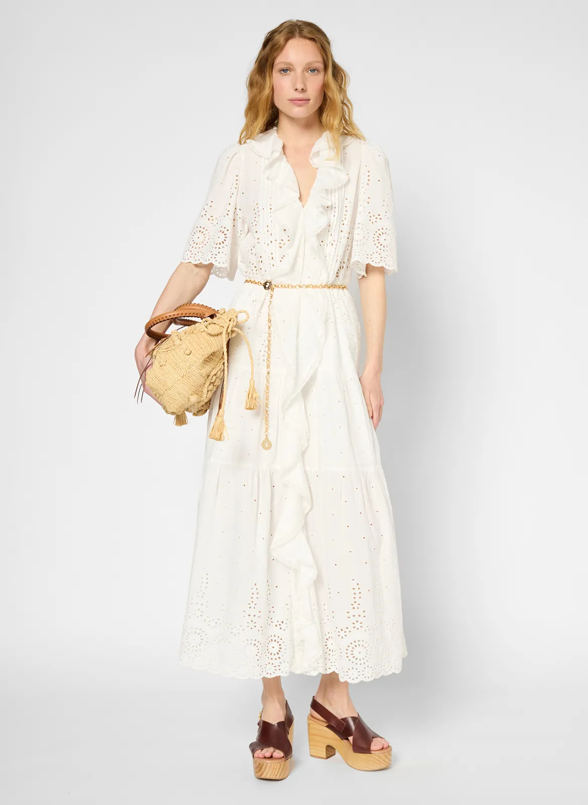 Jupe midi col v en coton Blanc PILAR