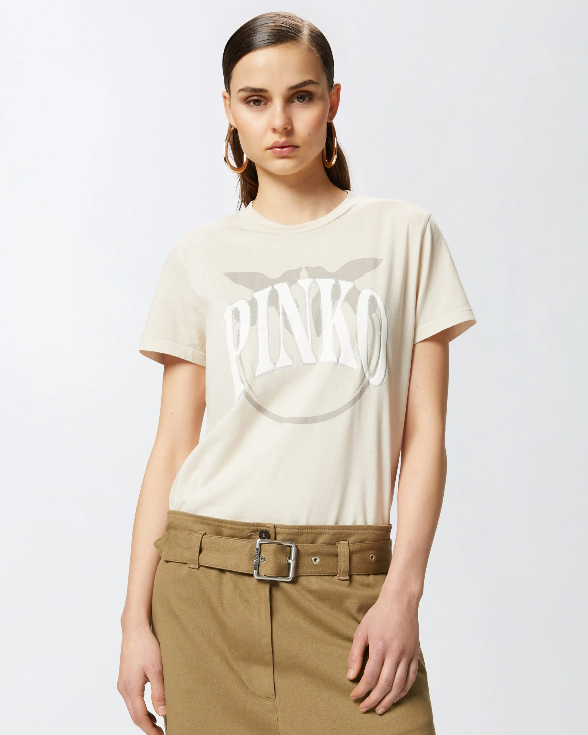 T-shirt logo et oiseaux Beige