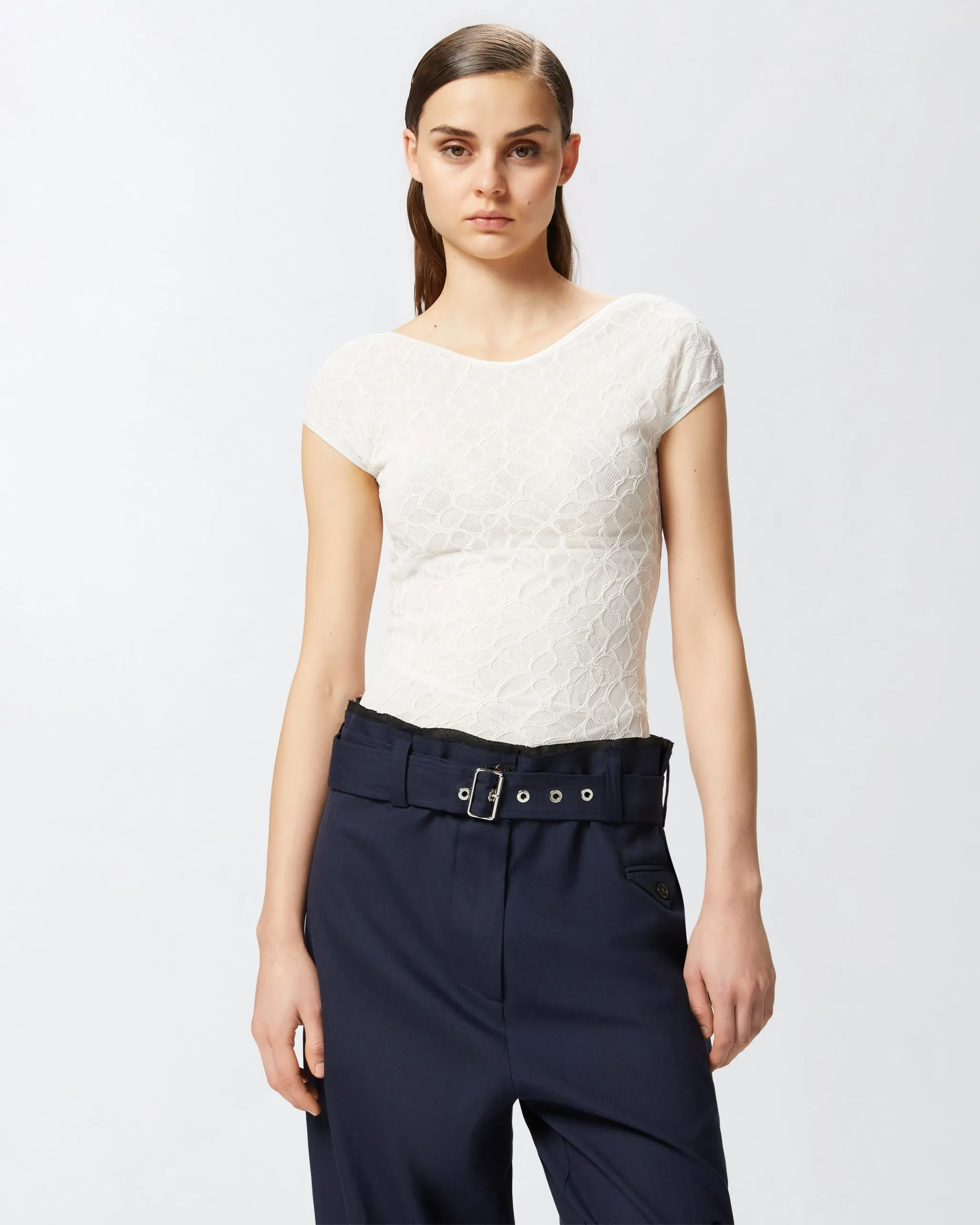 Pull ajusté à manches courtes en dentelle Blanc